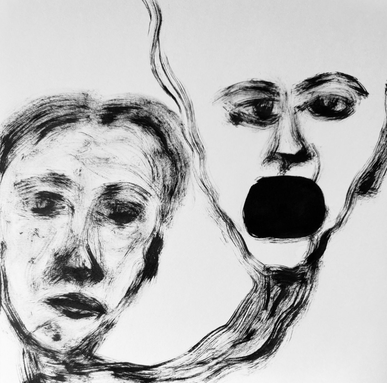 One figure opens into sound while the other remains sealed, the silence between them thick and unbroken.