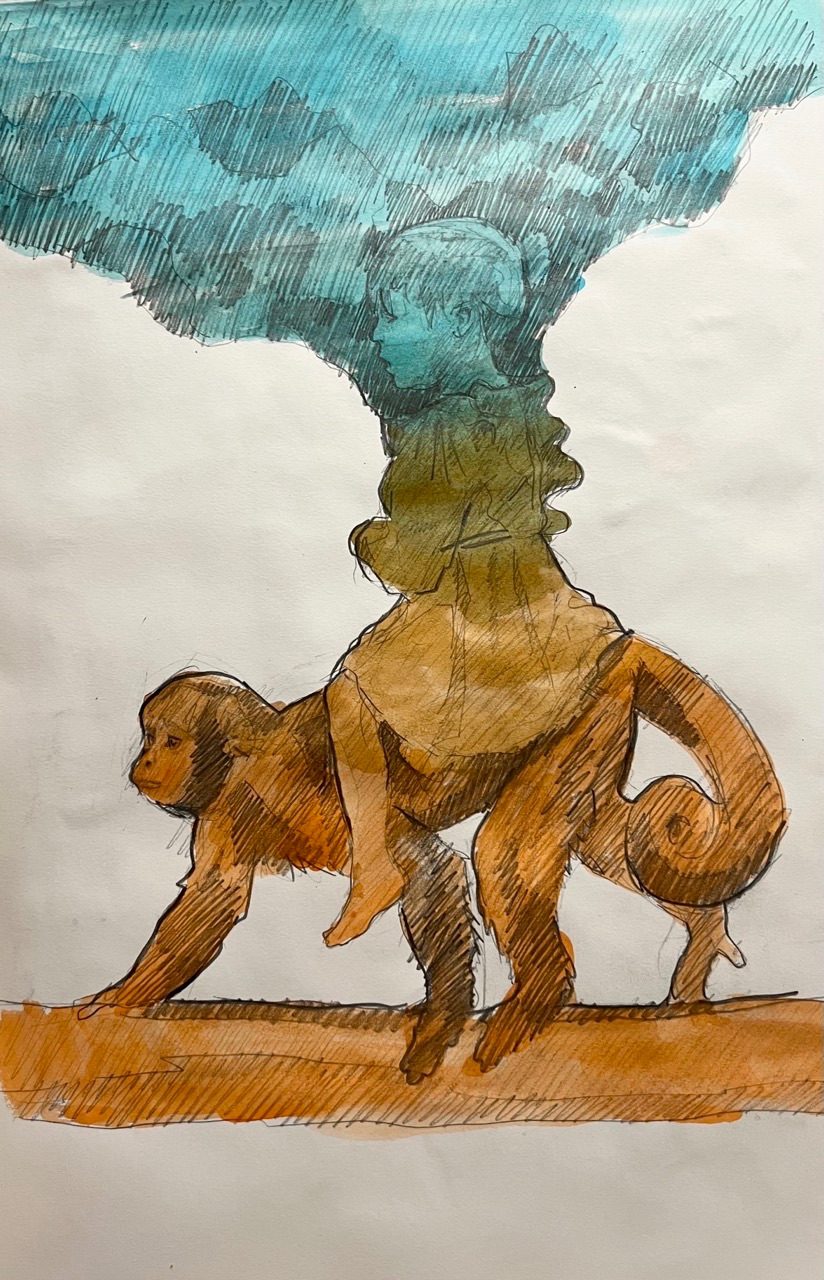 Girl riding a monkey drawn in pencil. It stays blue at the top and fades downs to orange.