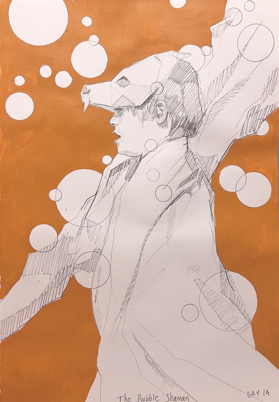 Boy in profile with bubbles around him. The background is painted flat yellow ochre.