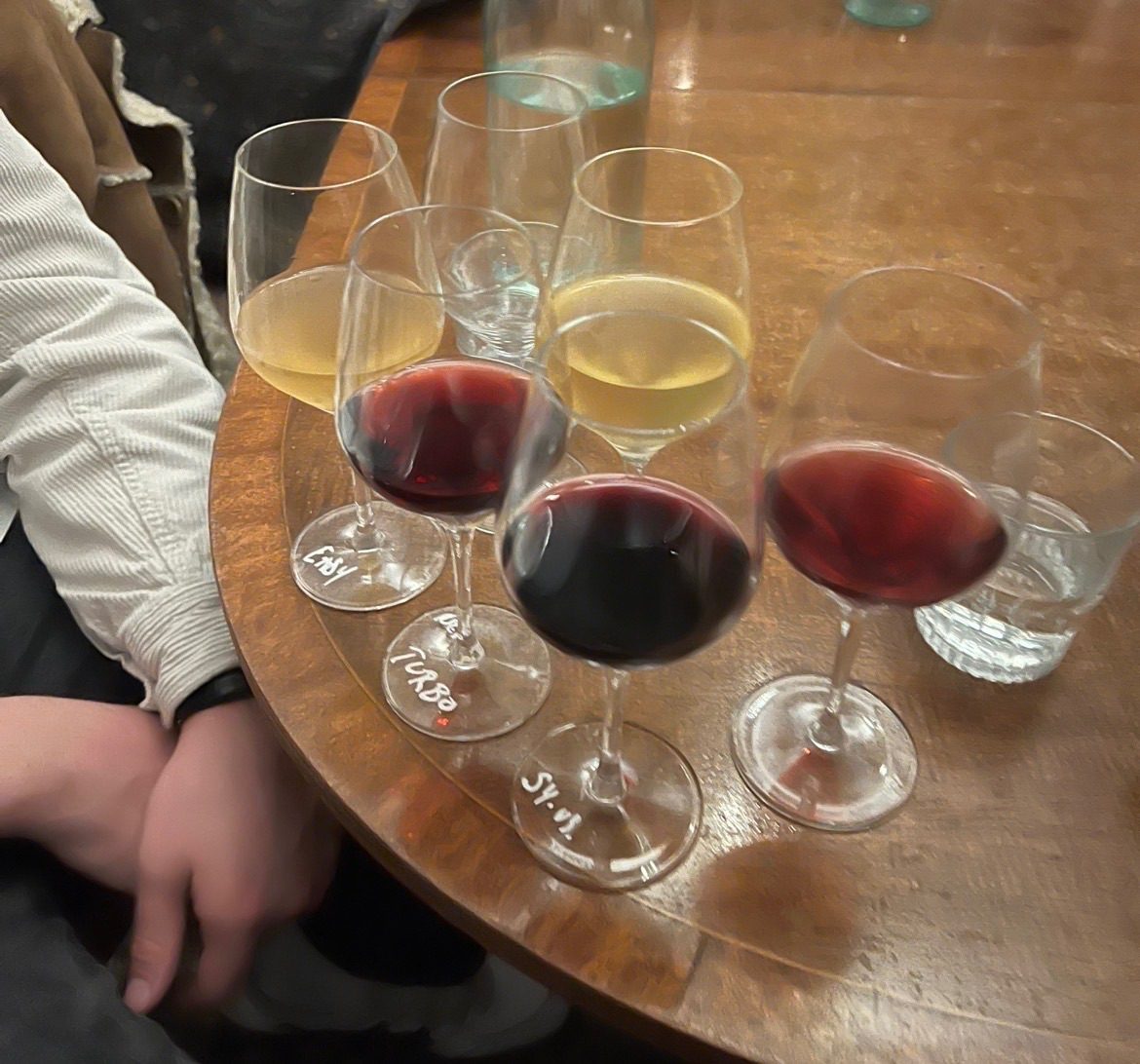 Six glasses of wine on a table