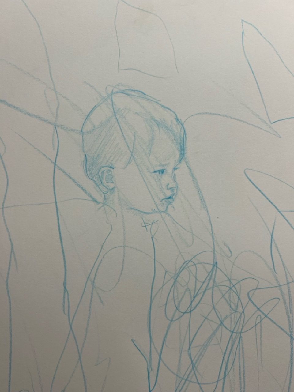 Drawing of boy in blue pencil