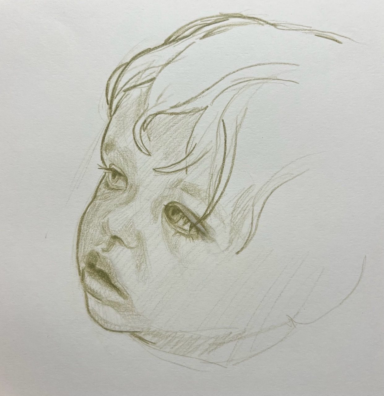 Drawing of boy in green pencil