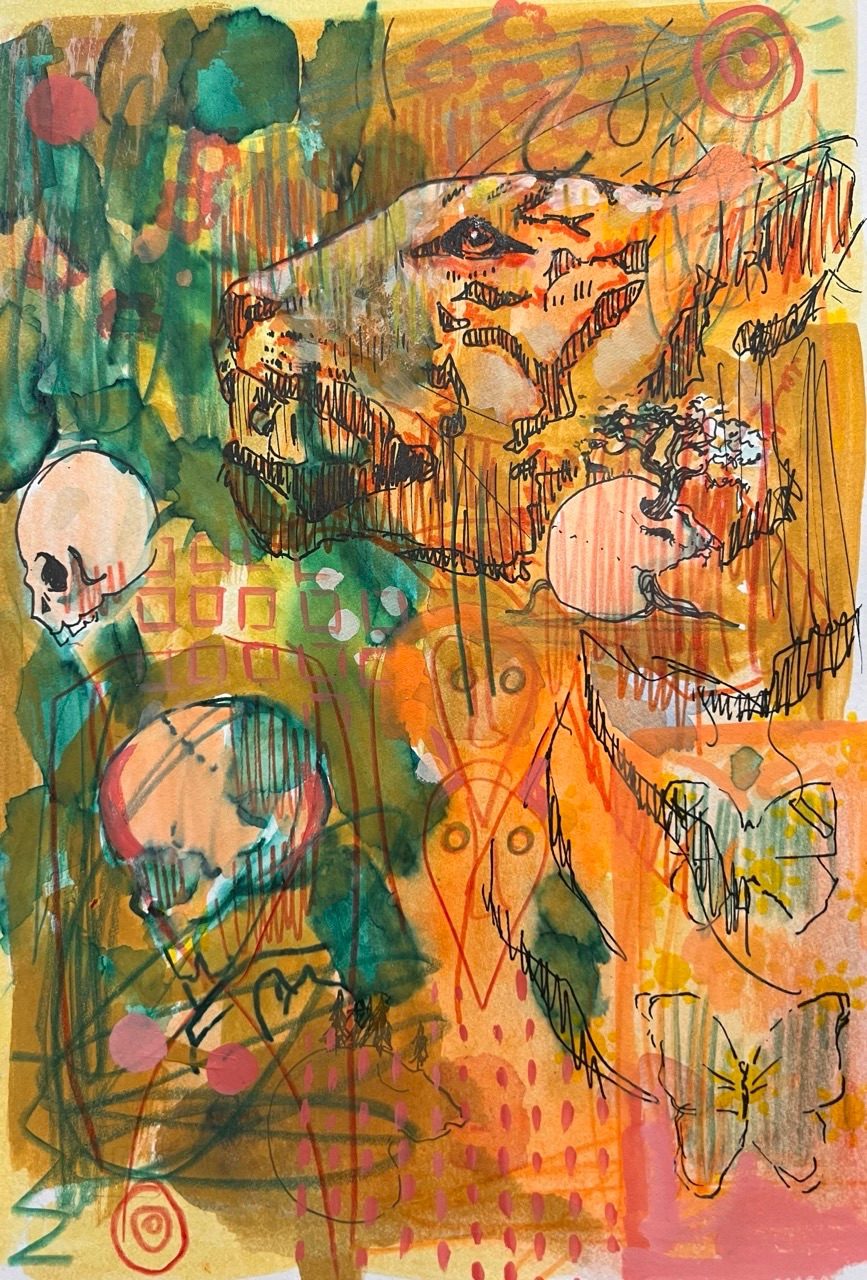 Tiger and skulls in an abstract composition