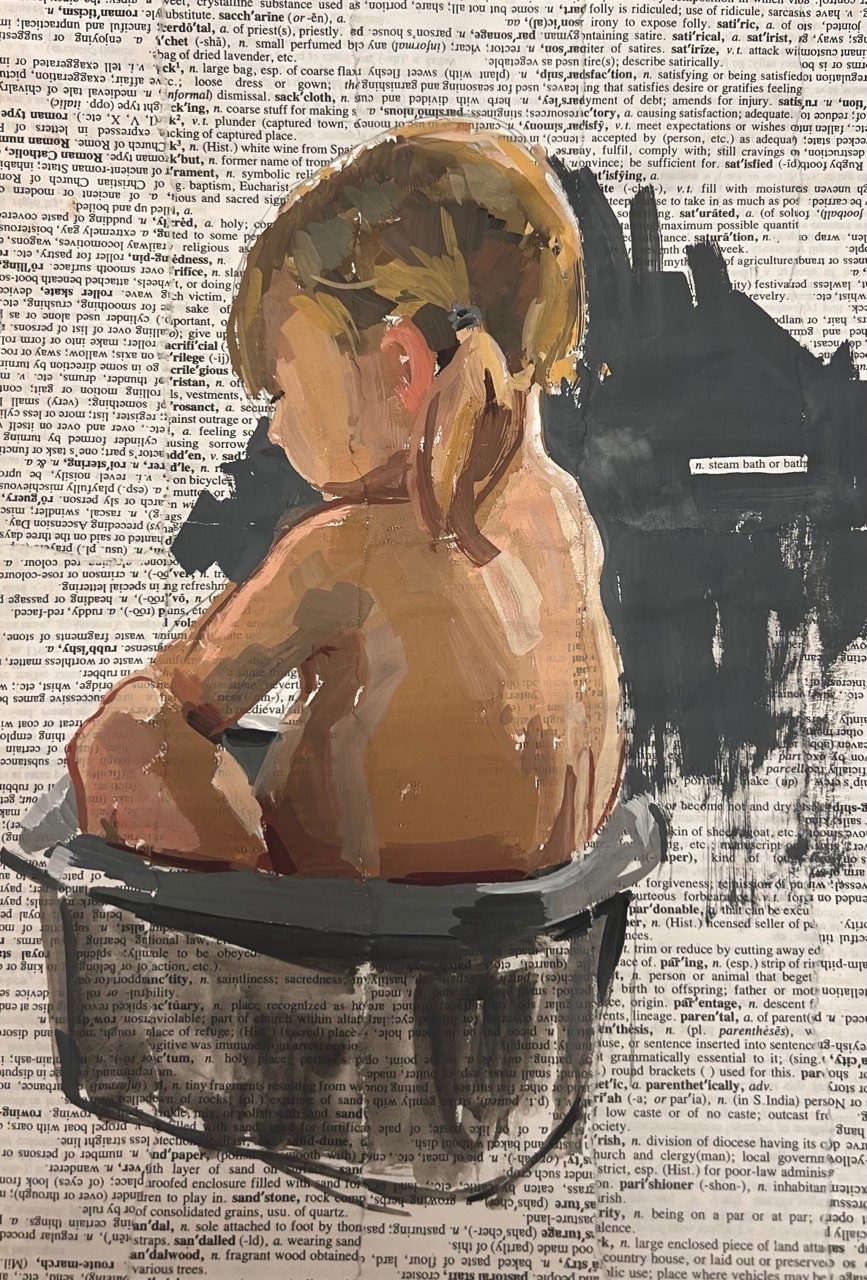 Girl in a tub, painted on a background of text with the word bath highlighted