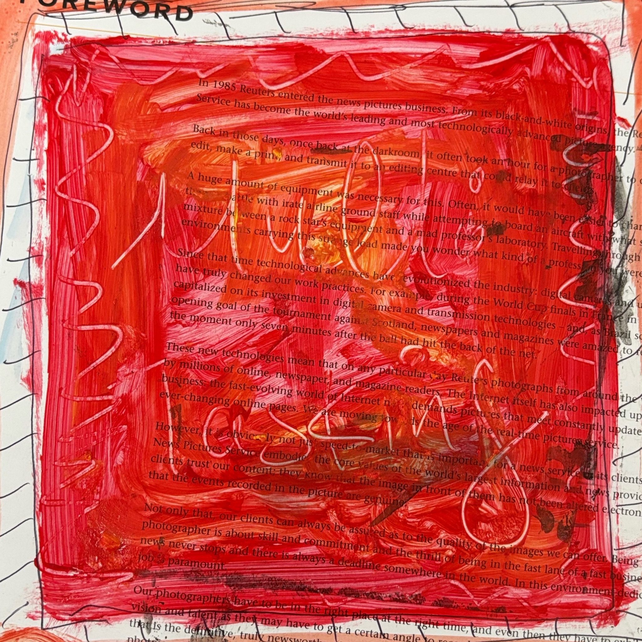 Abstract using acrylic, ballpoint pen and old book