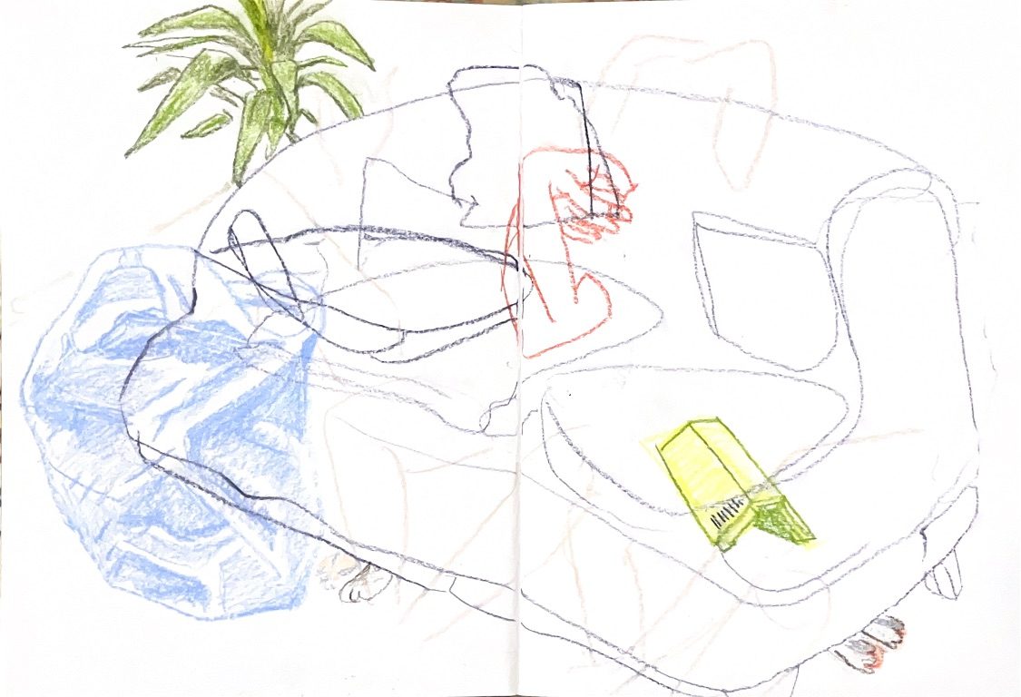 Chalk pencil sketch of deconstructed still life