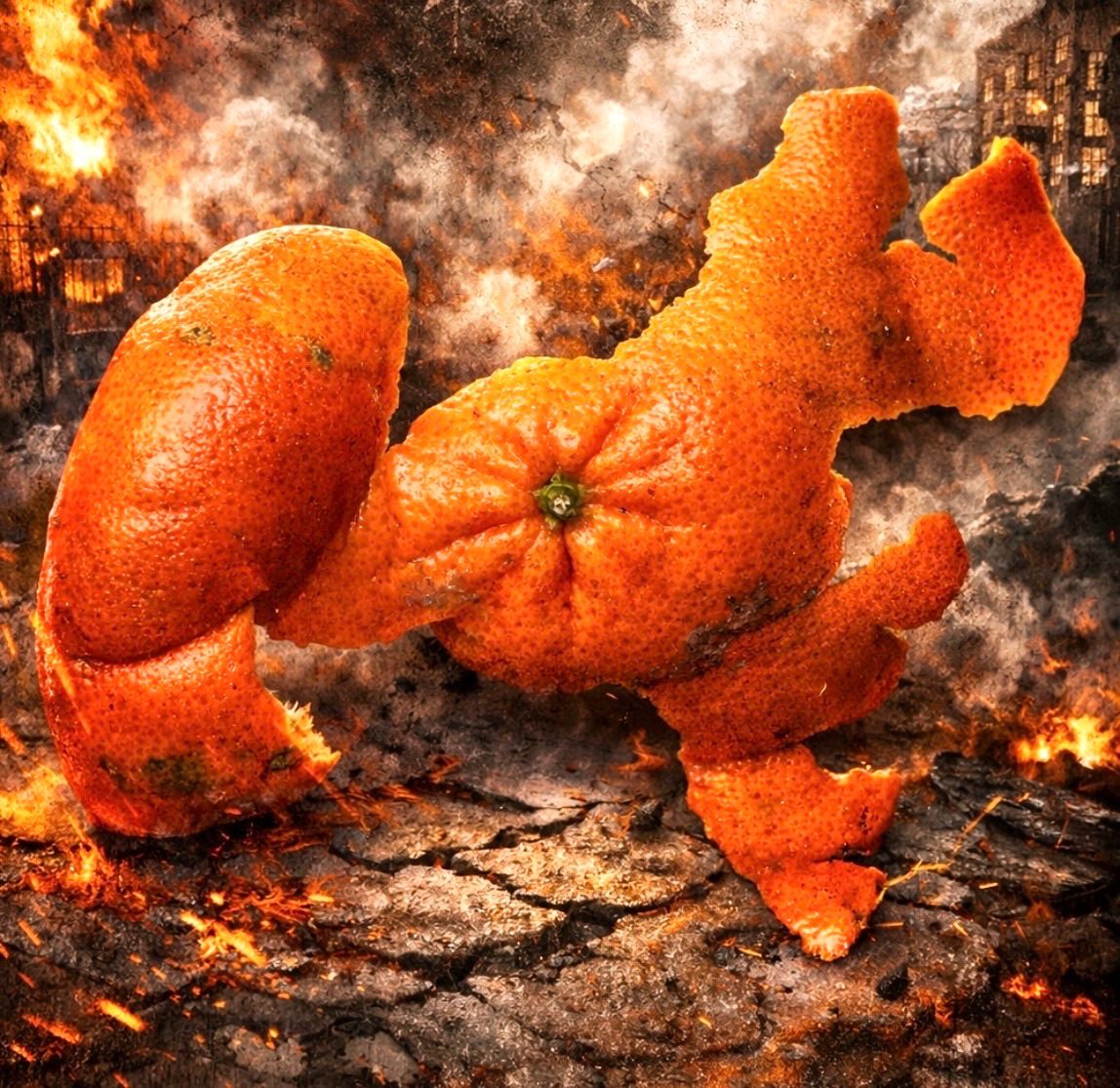 Orange peel fed into AI with prompt, rage against the machine