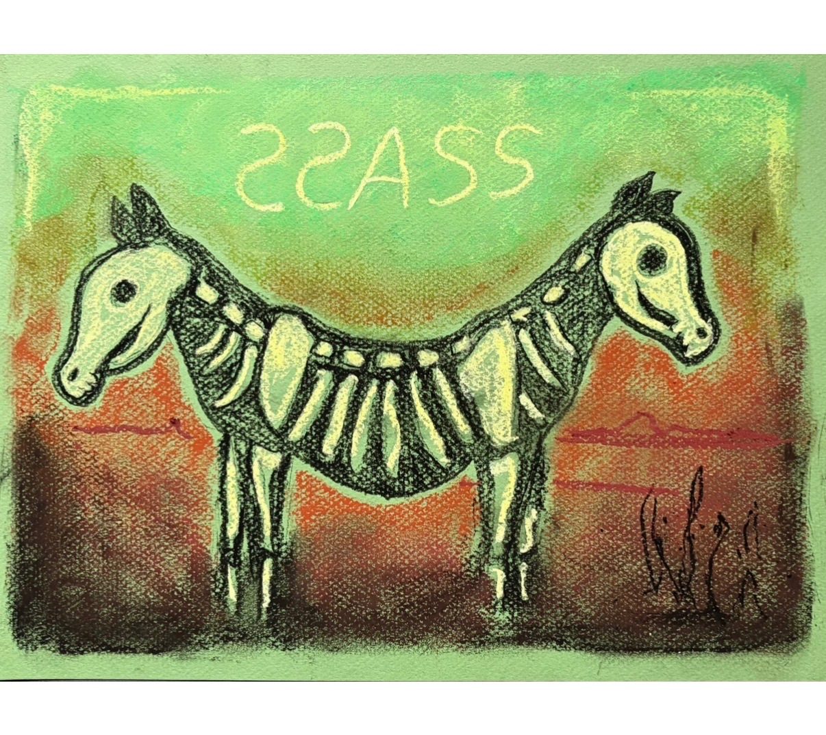 A pastel of a double ended donkey with its skeleton showing X-ray style standing in a misty vague red and green landscape