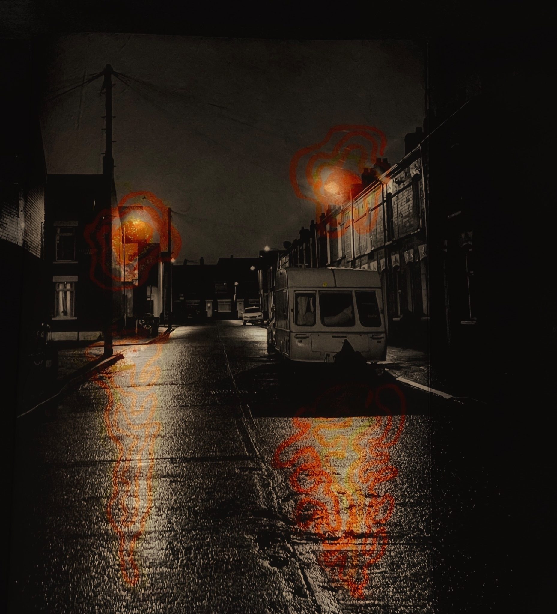 I usually use a full coloured photograph layered with black pen lines. But I did it backwards this time. I drew coloured lines and layered it with a black and white photograph