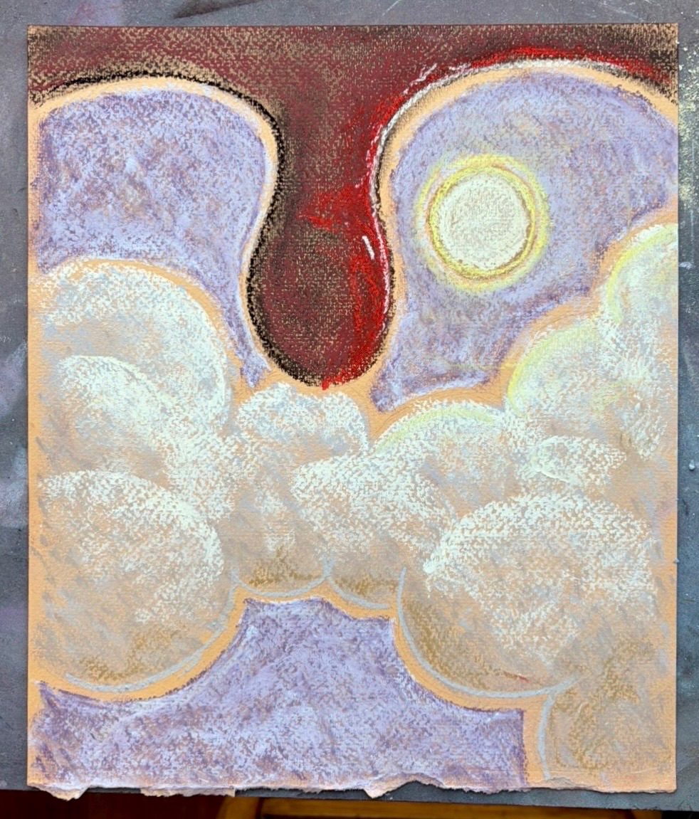 Pastel drawing with a big uvula at the top, then the rest is sky and clouds and the sun