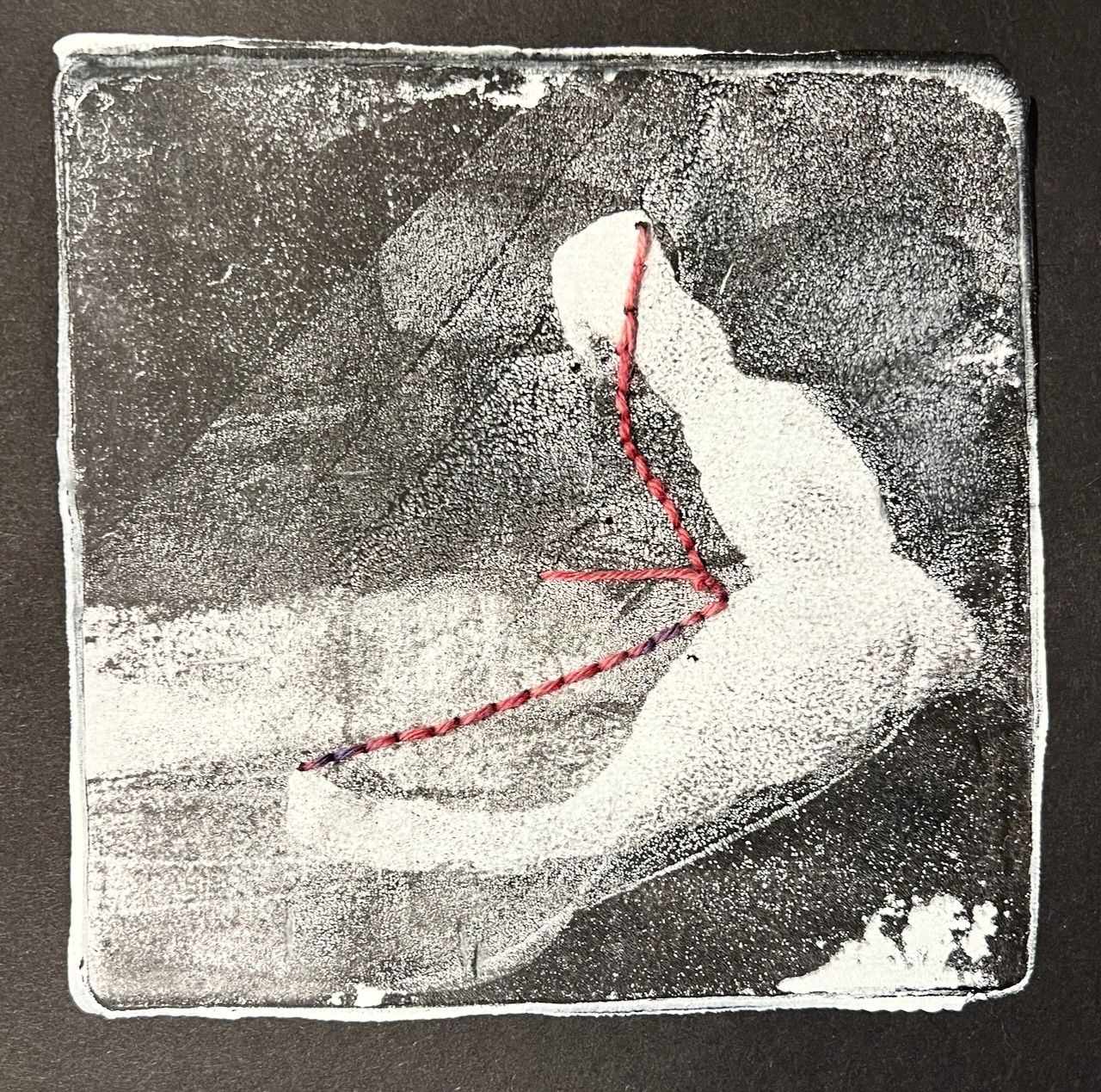 Black abscract white marks sewn lines in red