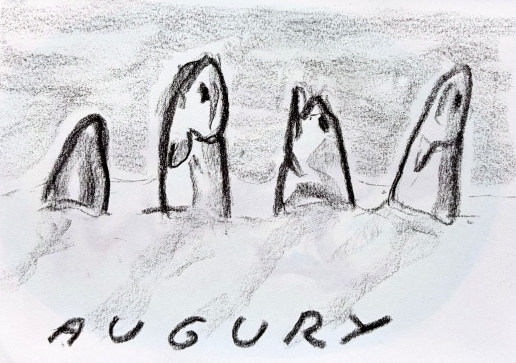 Charcoal drawing of a row of 4 fish planted in the snow with a subtitle of Augury