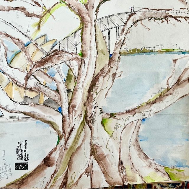 View over water tree in foreground.