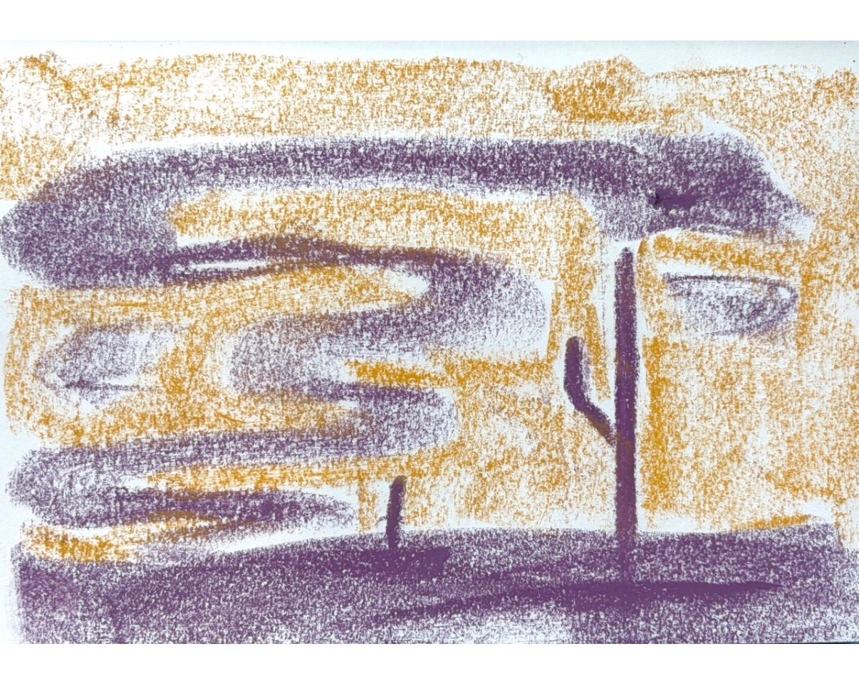 Pastel drawing of a snake or a cloud that looks like a snake above a desert landscape