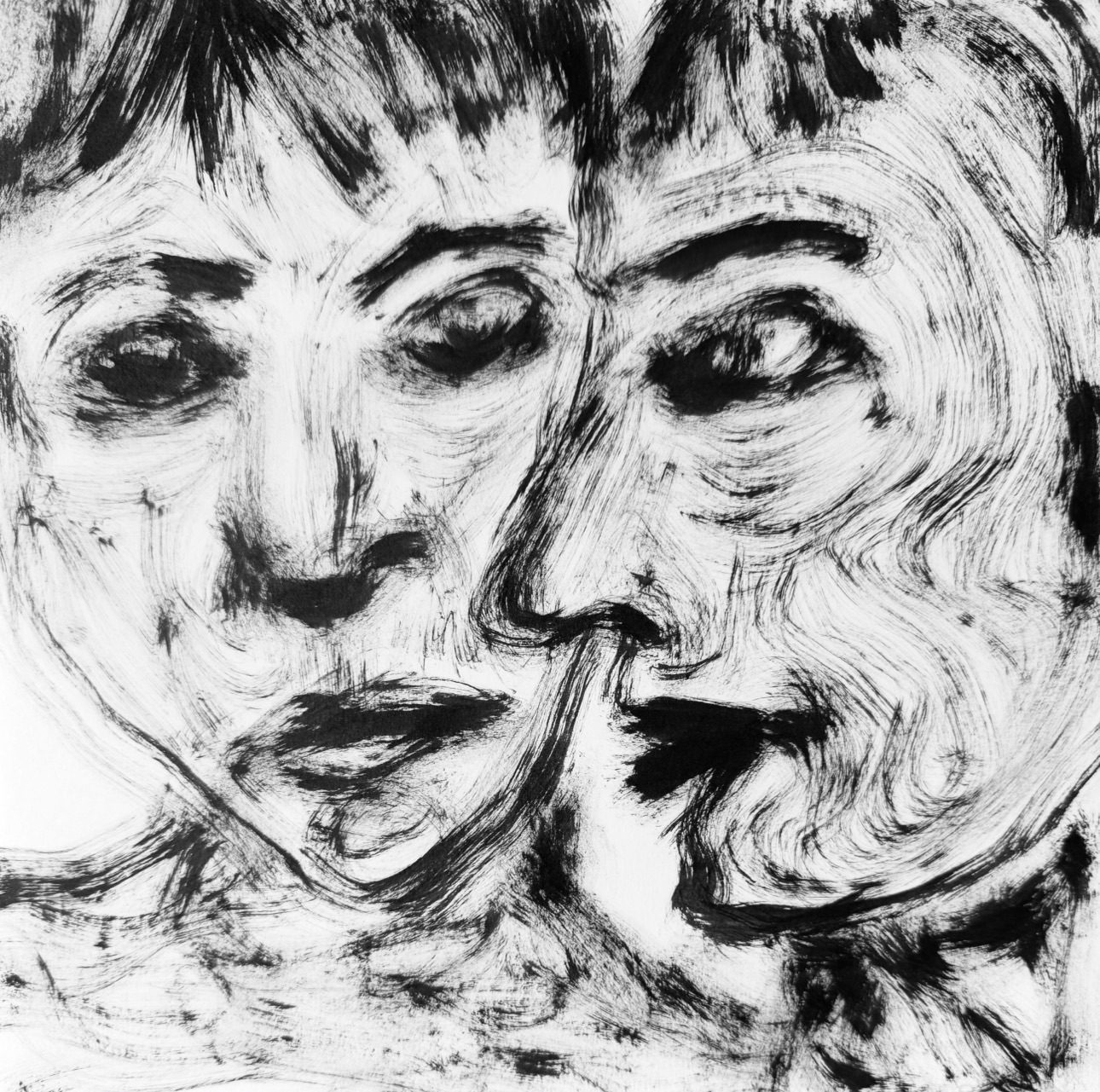 Two figures meet at a shared edge, their boundaries compressed into a single, unstable line.