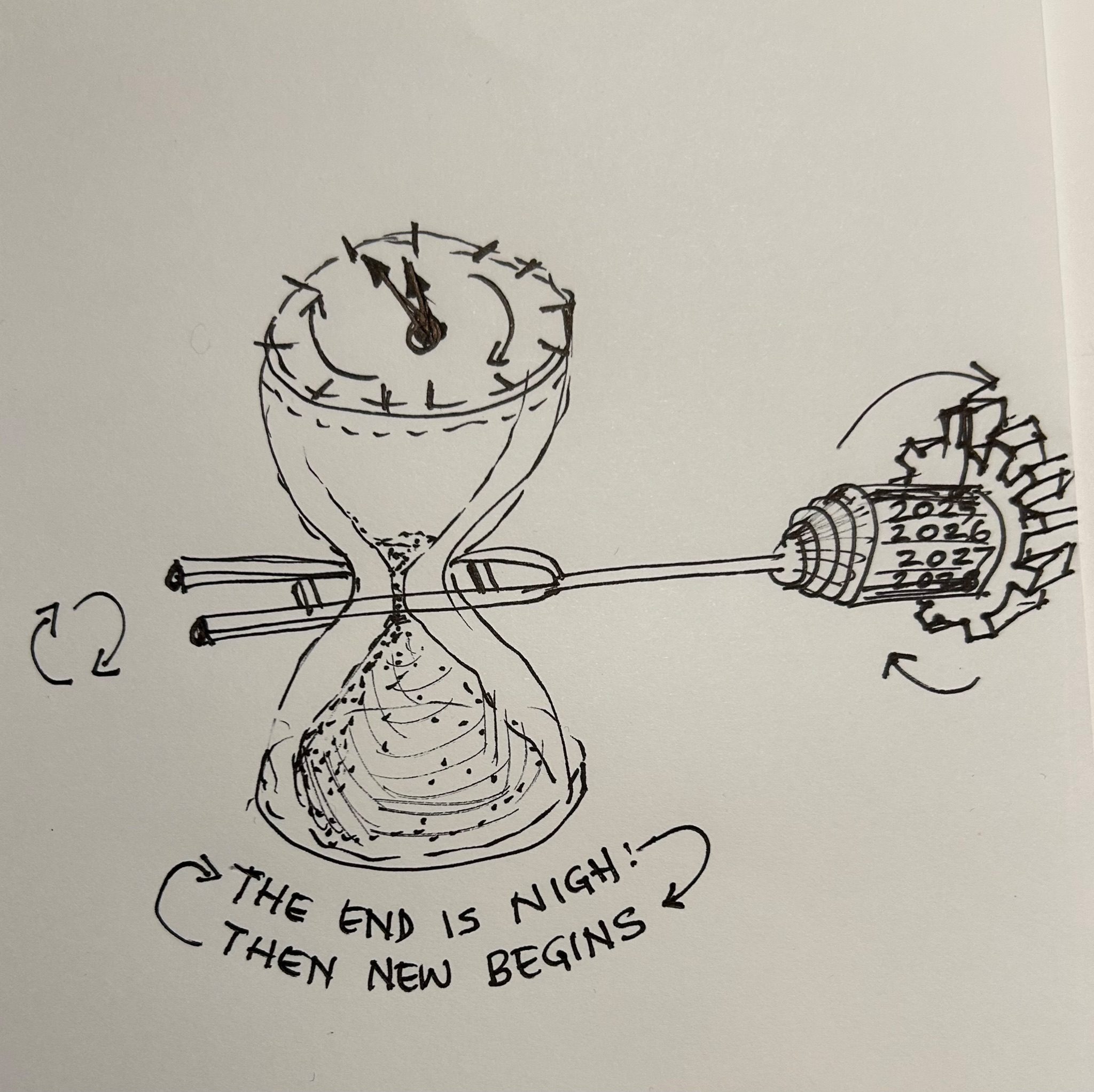 A drawing of a sand egg timer nearly empty with a click face on top showing 11.55 which has an automatic rotating art on cog on wheel showing annual change over