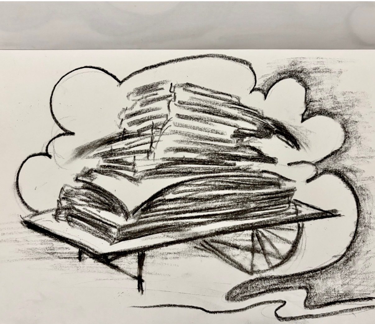 Charcoal drawing of a platform with a pile of foam sheets stacked up precariously and abstract background elements