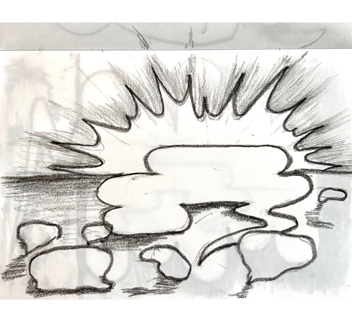 Charcoal drawing of speech bubbles in a landscape with either a sunset or explosion on the horizon