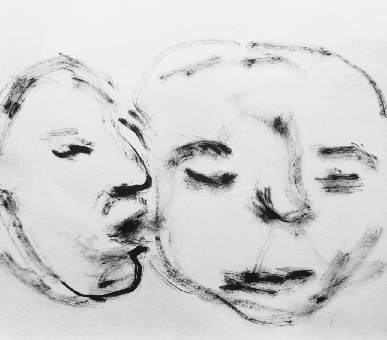 Three faces soften at the edges, dissolving into one another as presence thins toward disappearance.