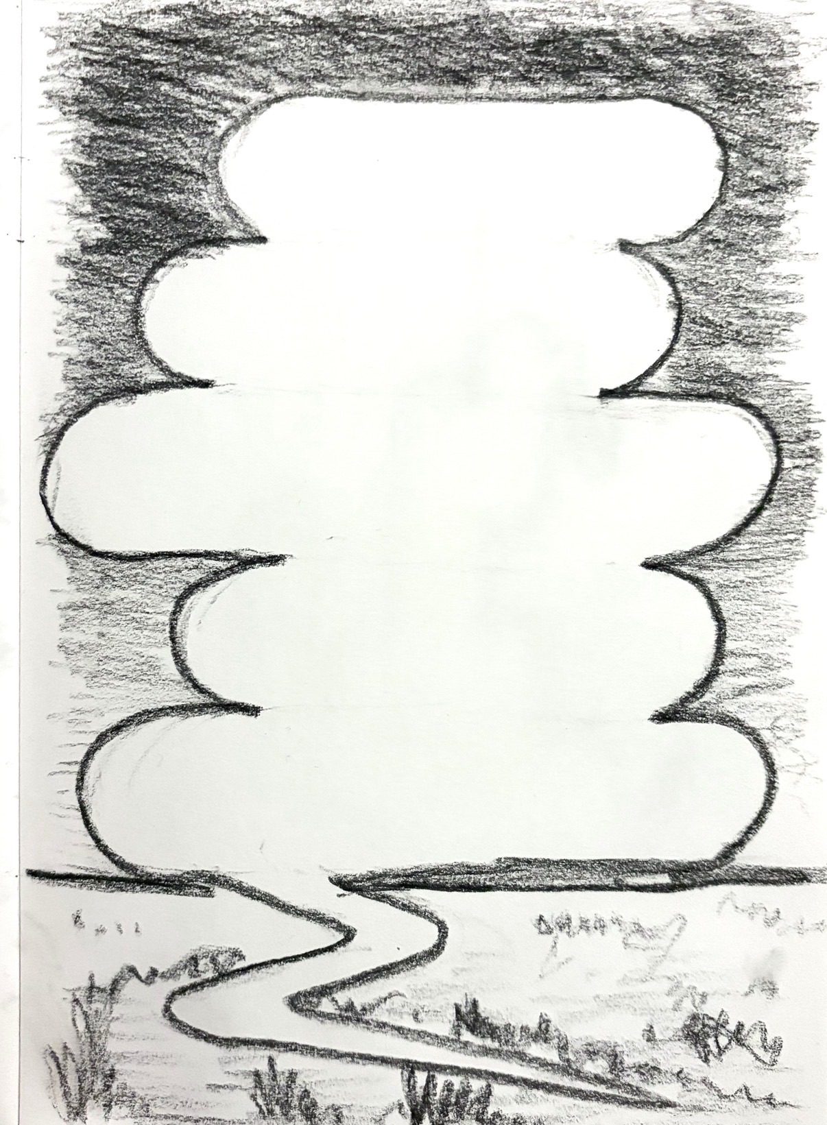 A big speech bubble sitting on a horizon and maybe blocking a landscape, drawn in charcoal