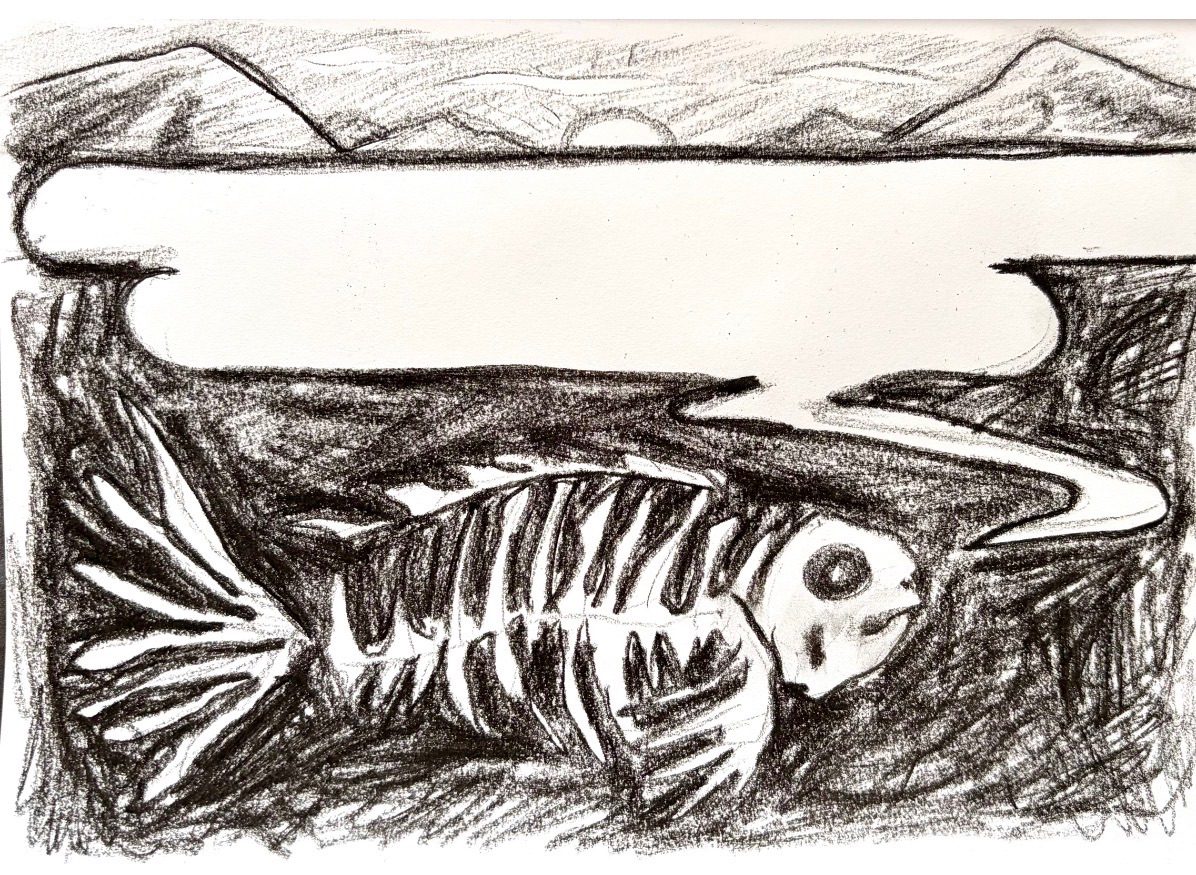 Charcoal drawing of a fish skeleton, a speech bubble and a mountainous horizon