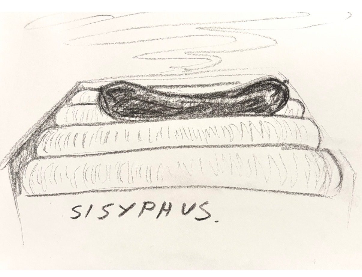A single hotdog on a hotdog roller with a caption ‘Sisyphus’