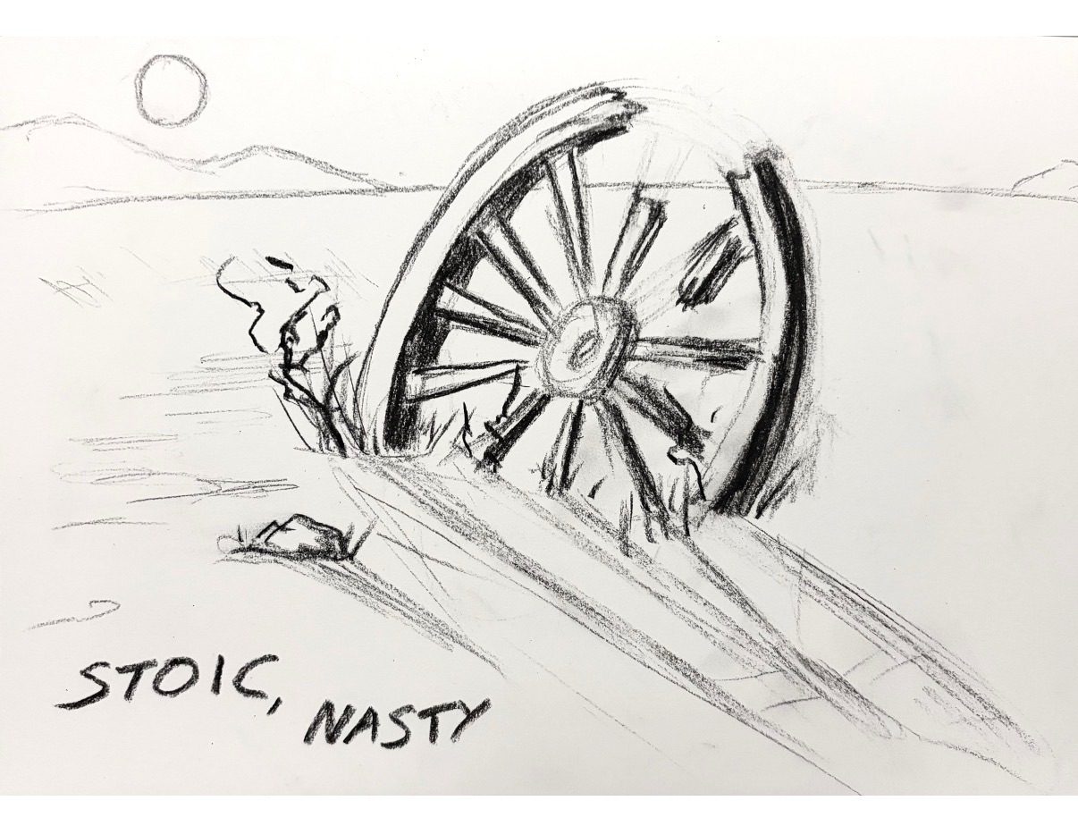 Charcoal drawing of a broken wagon wheel in the desert