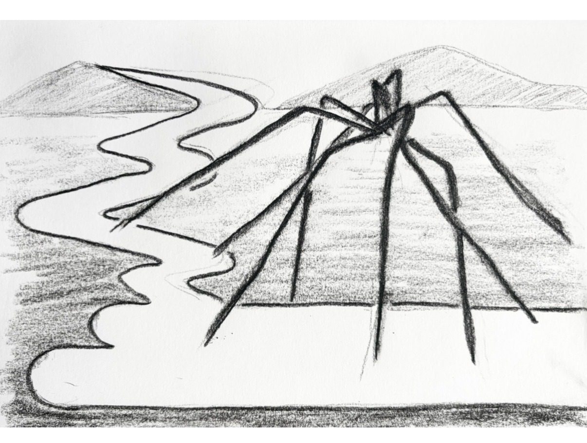Big spider and a speech bubble in a landscape , charcoal drawing