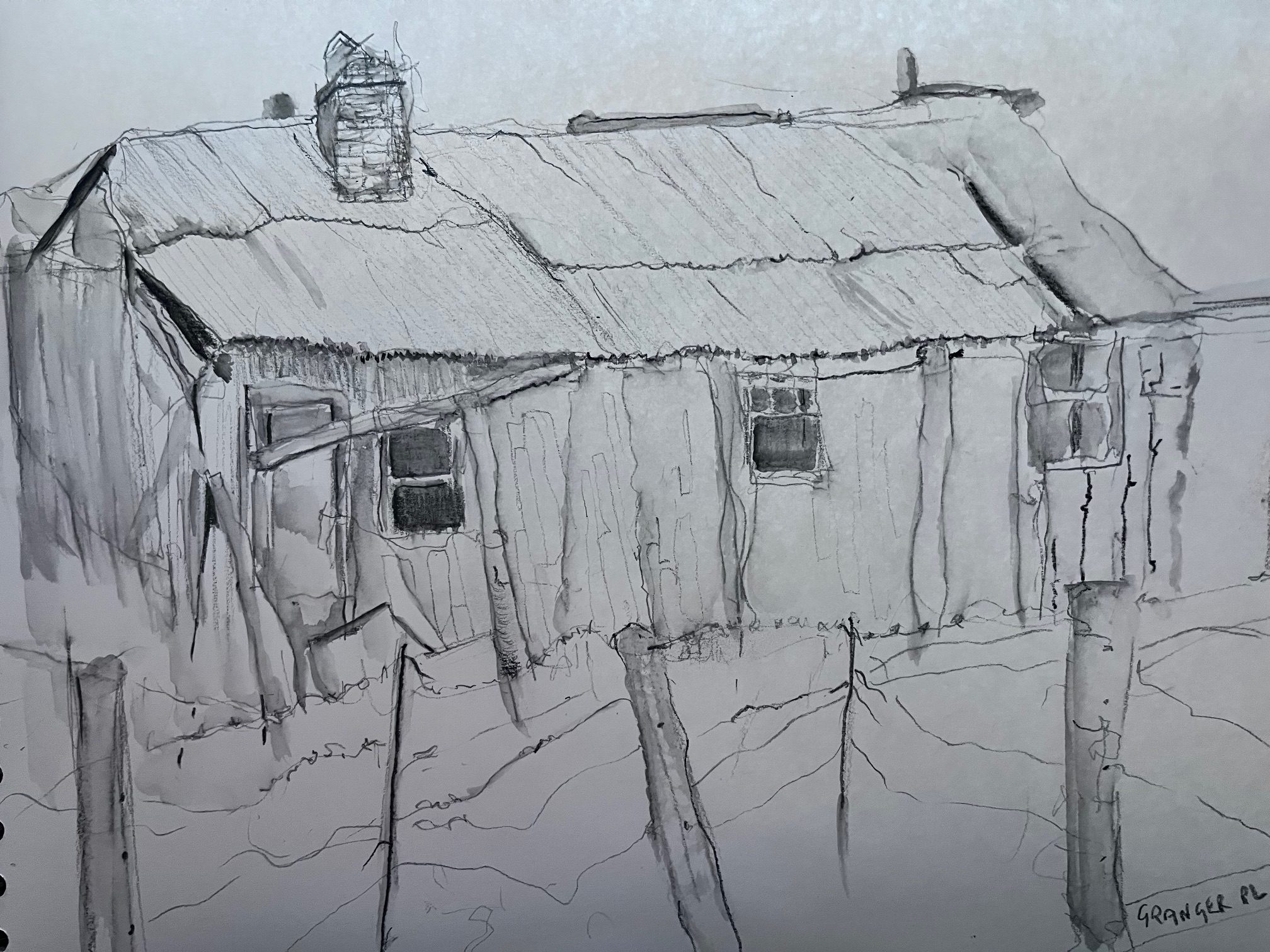 Pencil sketch of dilapidated building