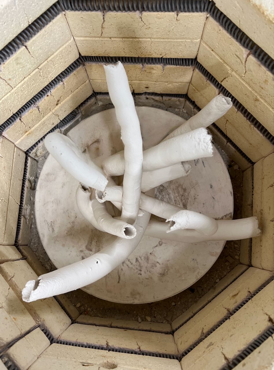 view from above of sculpture in kiln