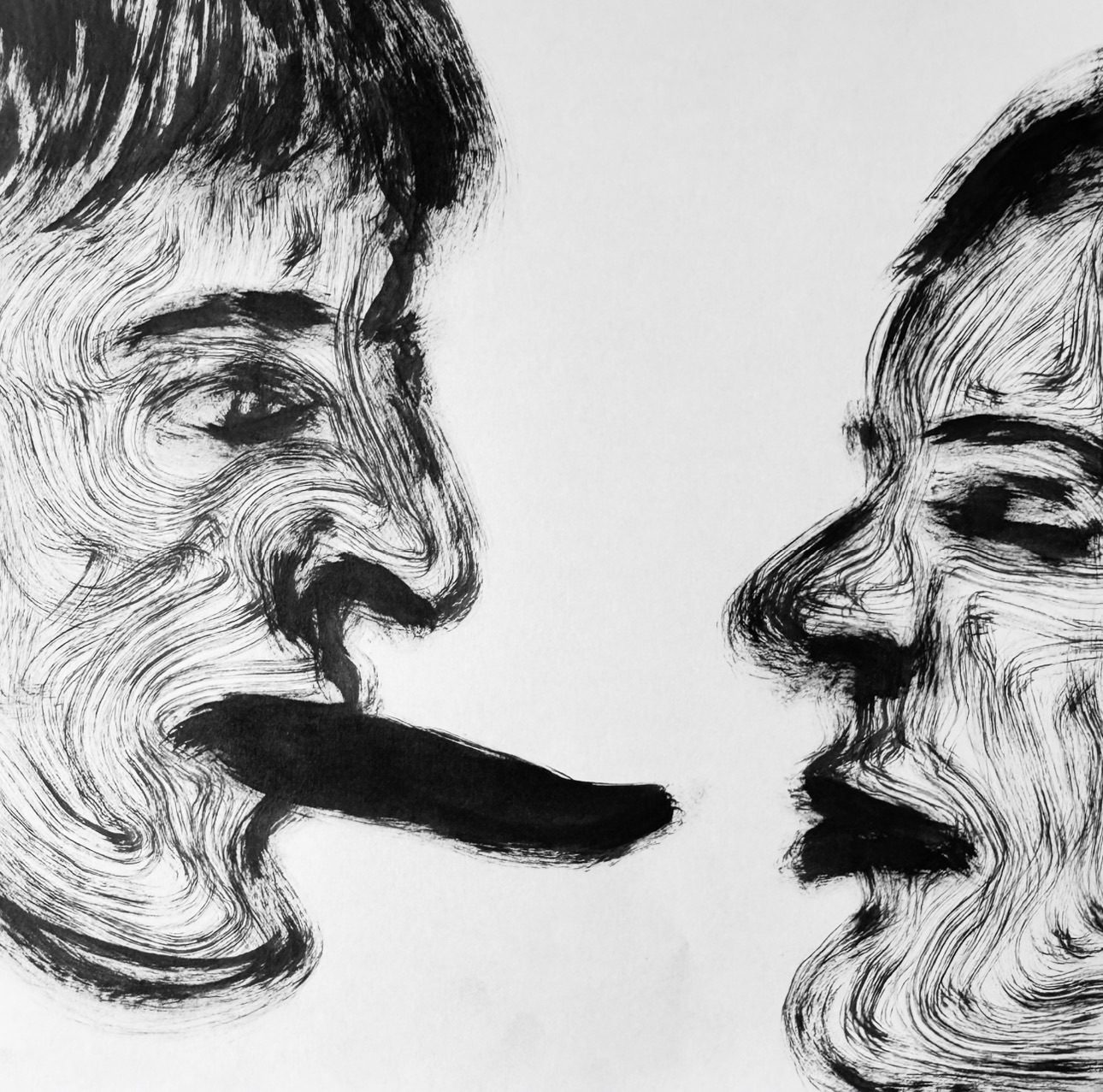 A force extends from one figure toward the other, projecting outward in a gesture that is both intimate and imposed.