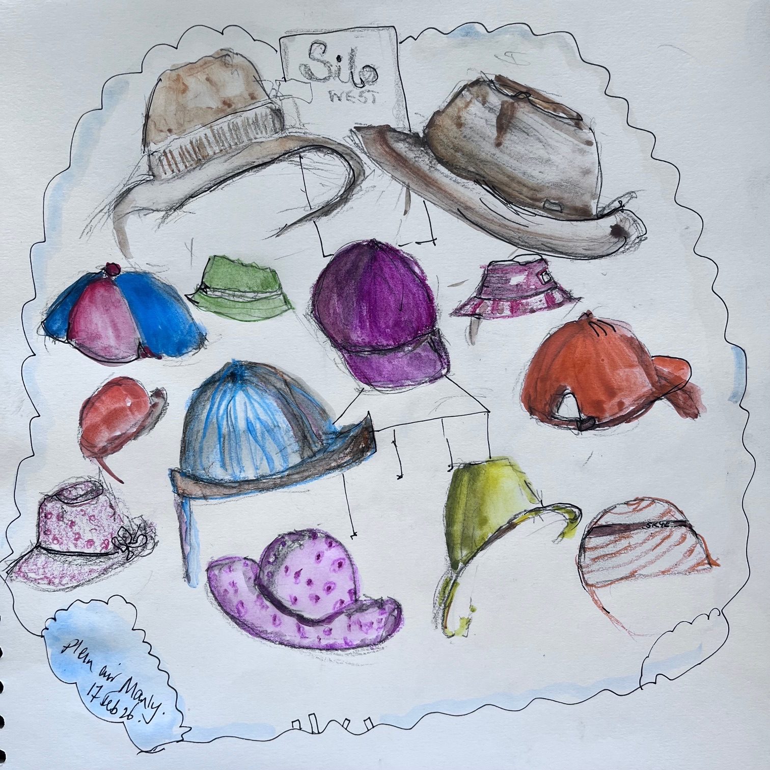 Sketches of multiple hats.