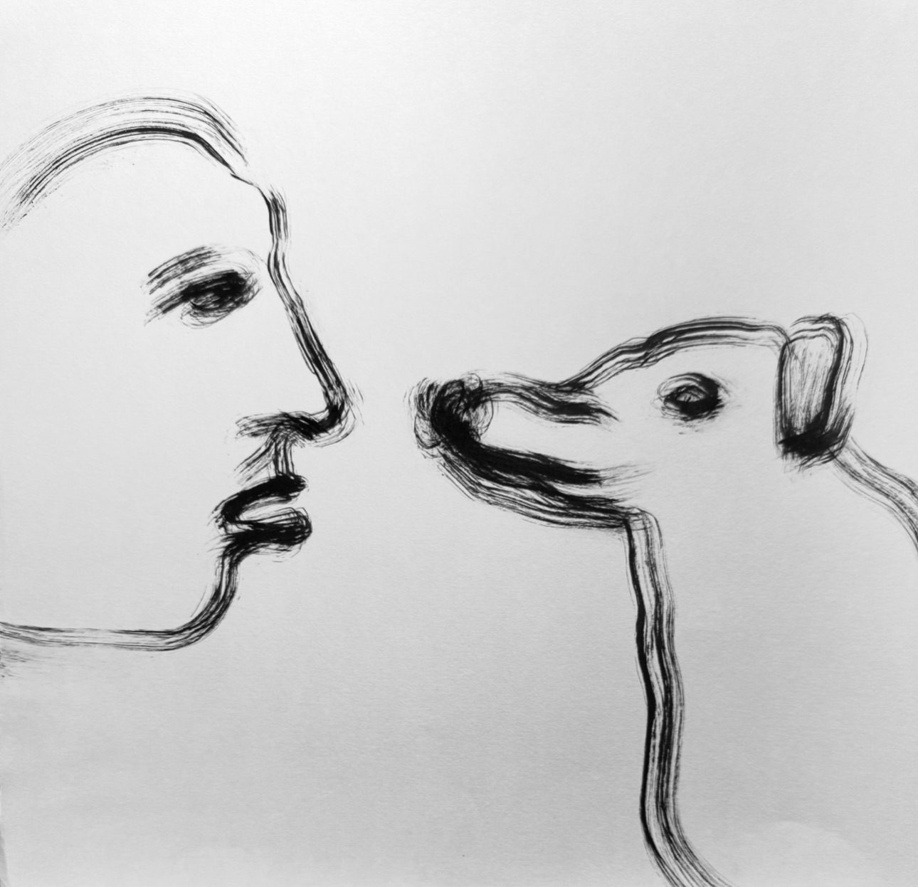 A woman and a dog meet at close range, holding a moment of recognition that feels like a beginning.