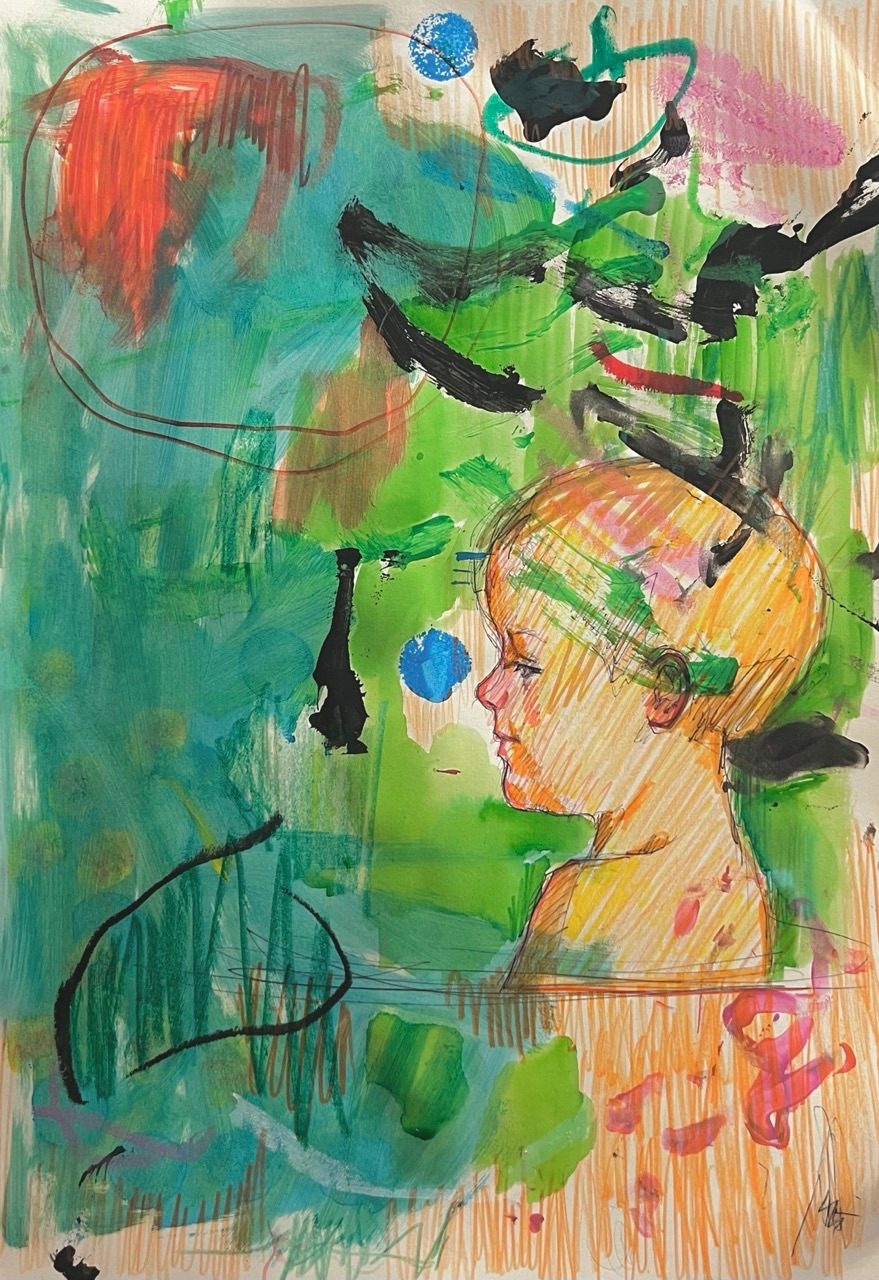 Abstract painting with drawing of boy in profile