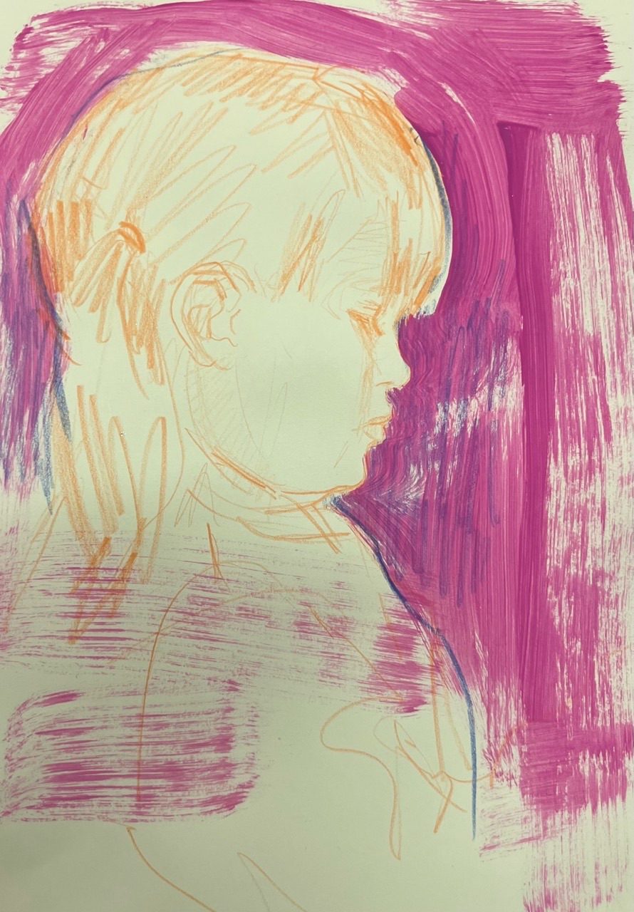 Girl in profile drawing in orange with pink painted background