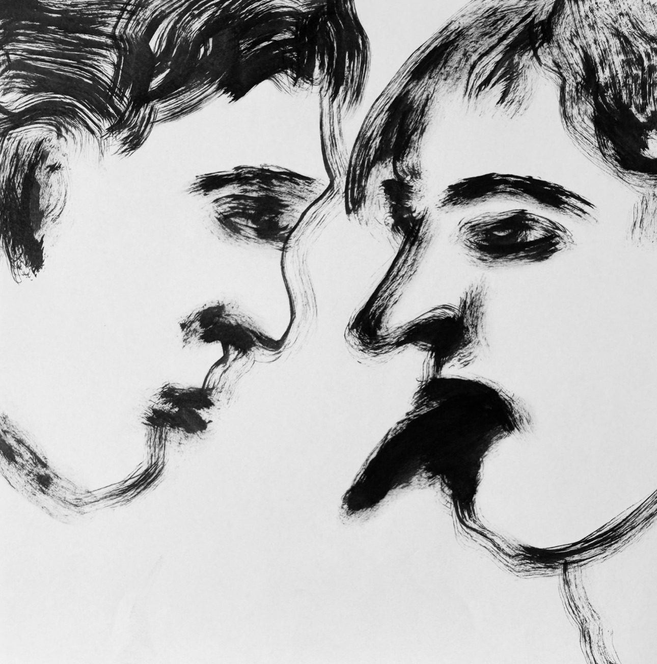 Two faces confront each other at intimate proximity, the space between them charged with a volatile mix of breath, threat, and uncontained emotion.