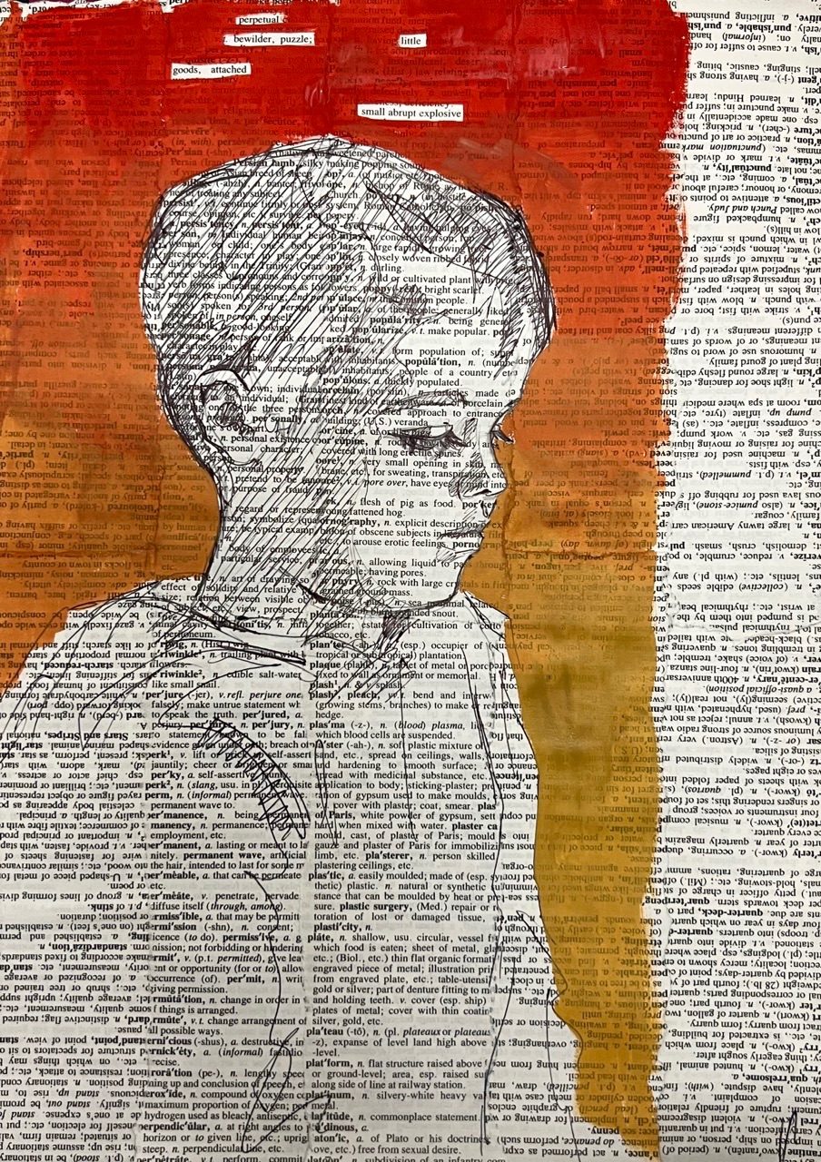 Drawing of boy on text with a red to orange fading background. Words are highlighted - small, abrupt, explosive