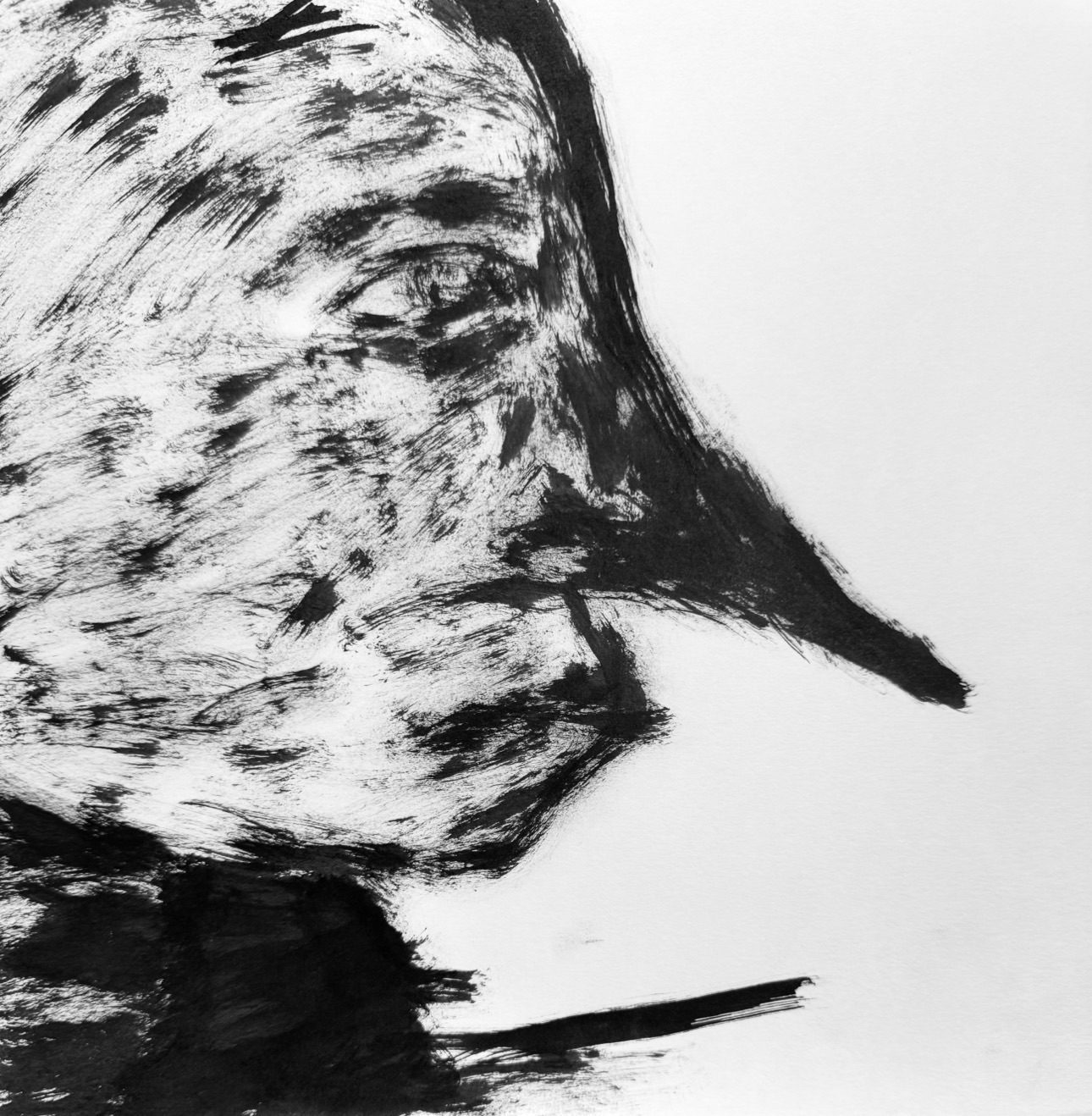 A face emerges from dark, wing-like strokes, as if caught between flight and collapse.