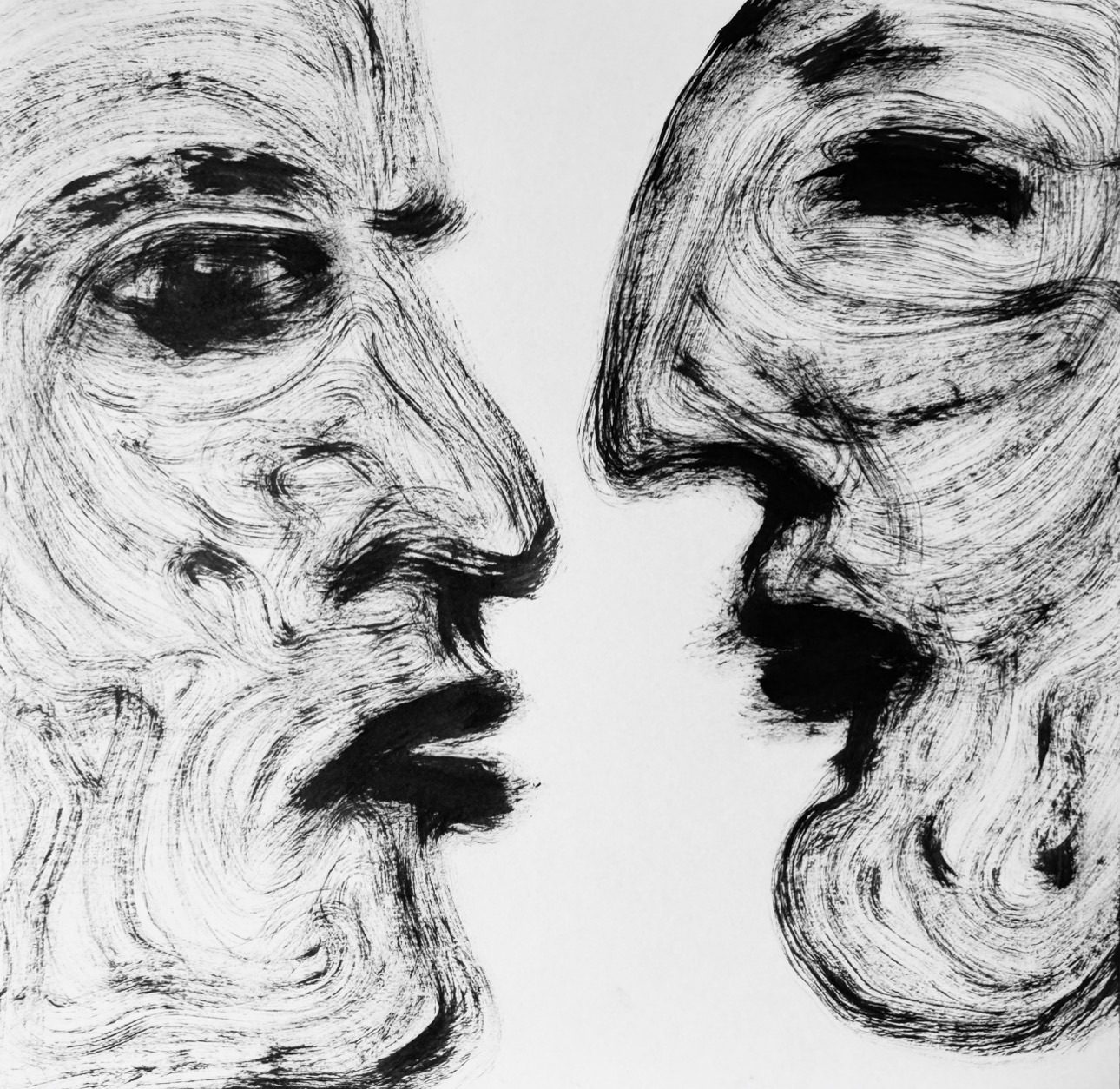 Two faces hover at the edge of contact, their open mouths and tightening lines turning intimacy into something volatile.
