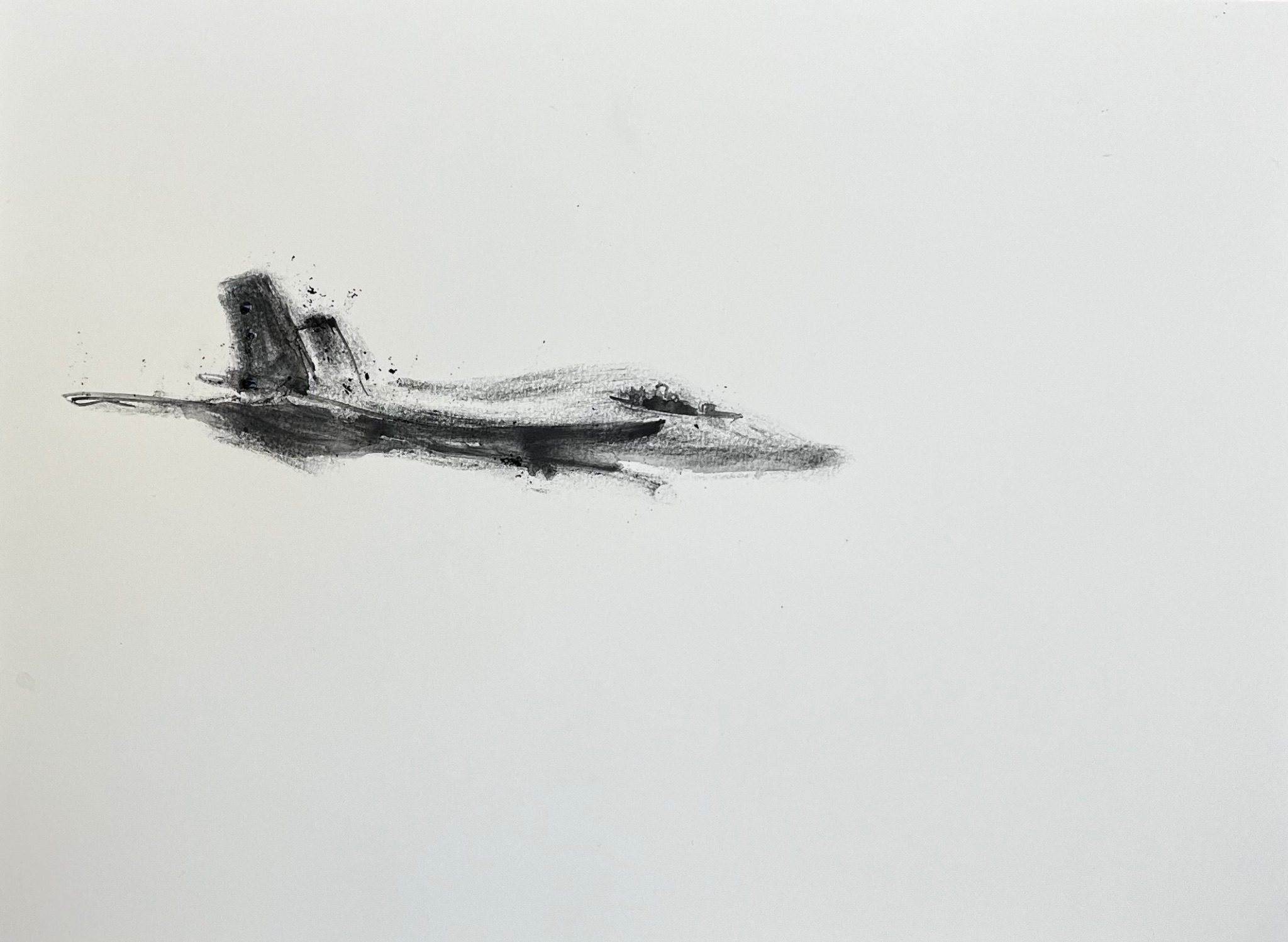 Black charcoal powder and watercolour medium on paper showing a fighter plane