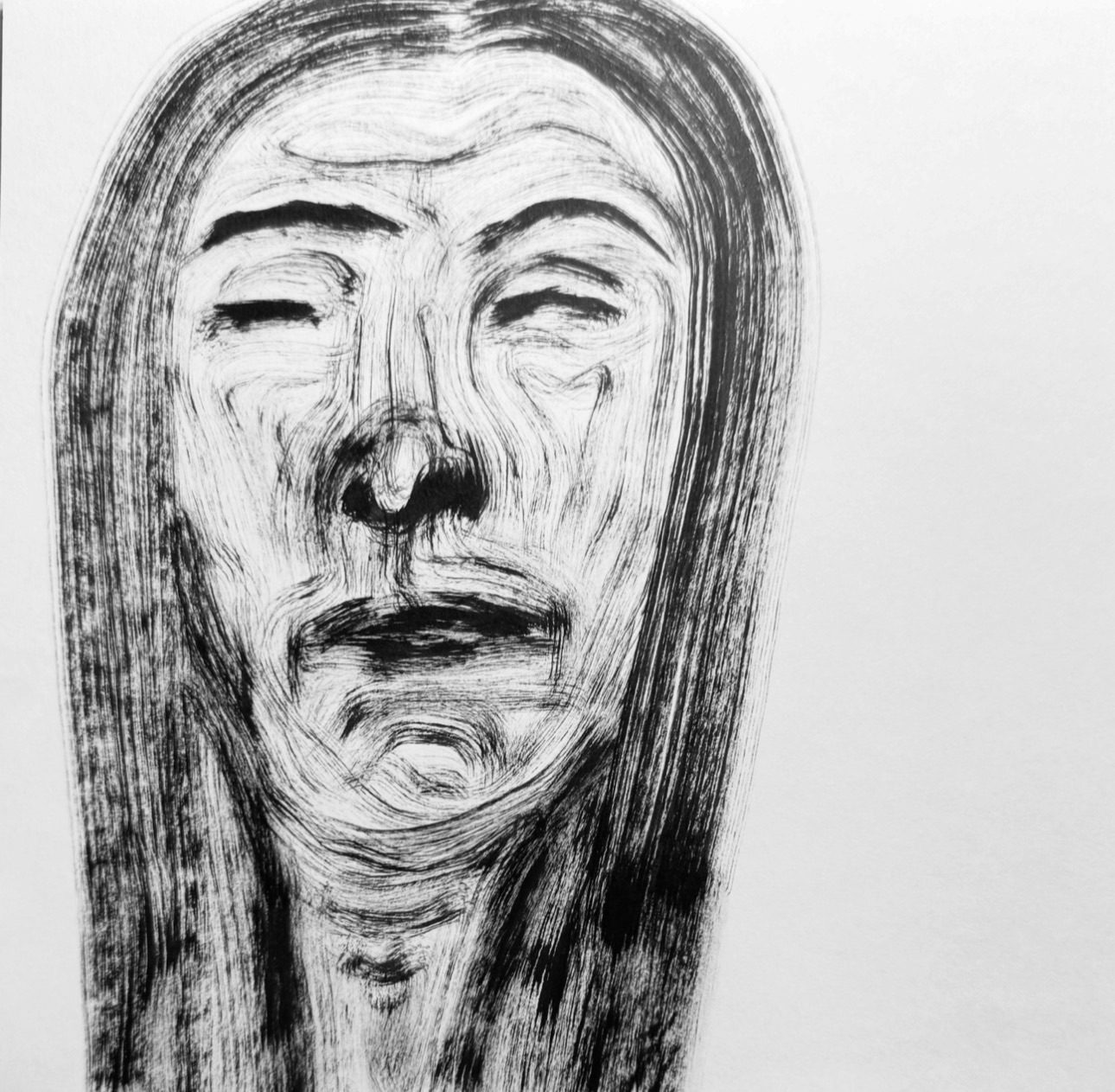 Beneath the still surface of the face, something unseen pulls downward, steady and impossible to resist.