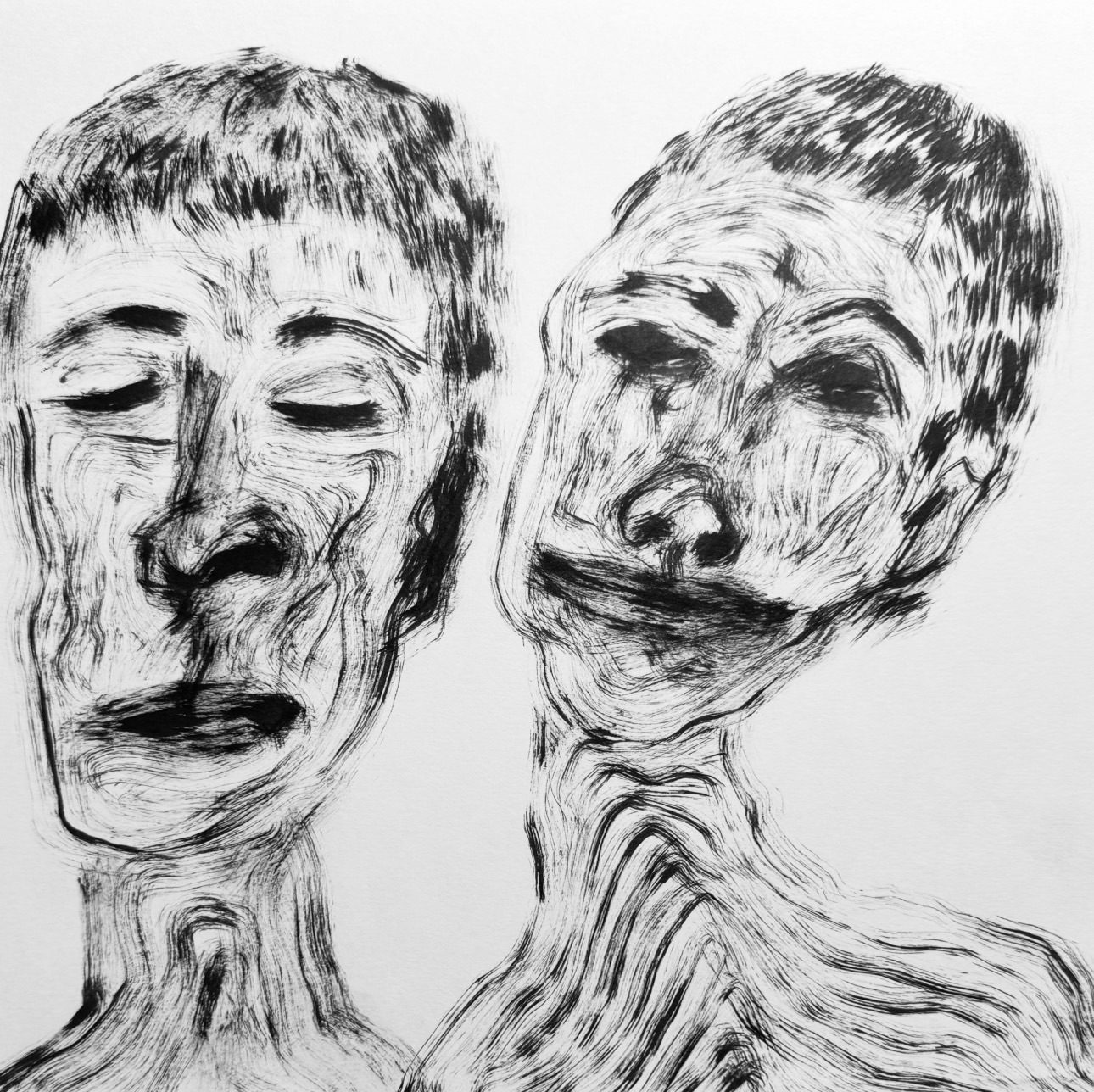 Two figures lean into the same downward current, their features folding toward one another as if shaped by a shared flow.