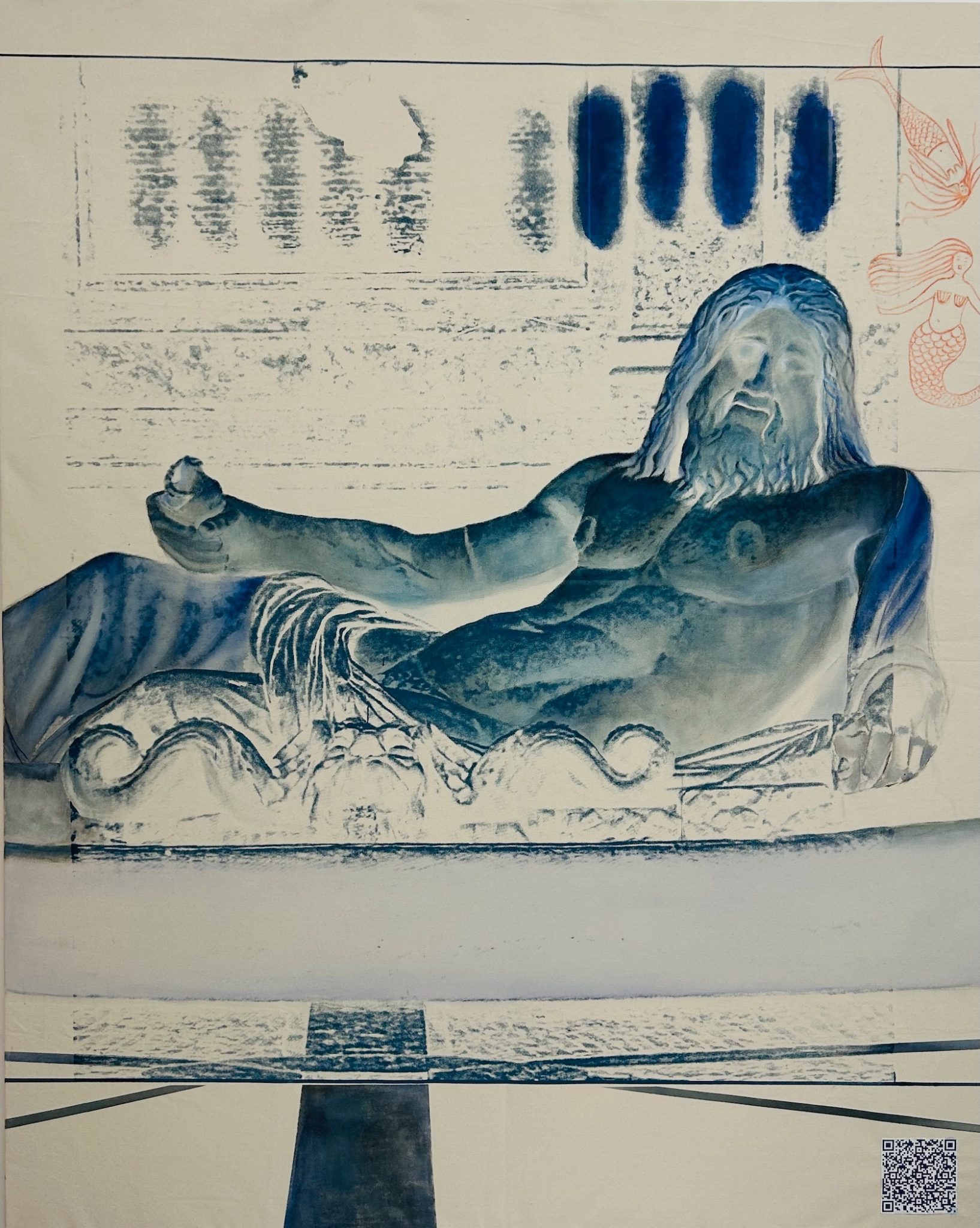 Mixed Medium Painting - subject is one of the Talking Statues in Rome. QR code can be scanned to unveil a message from the statue.