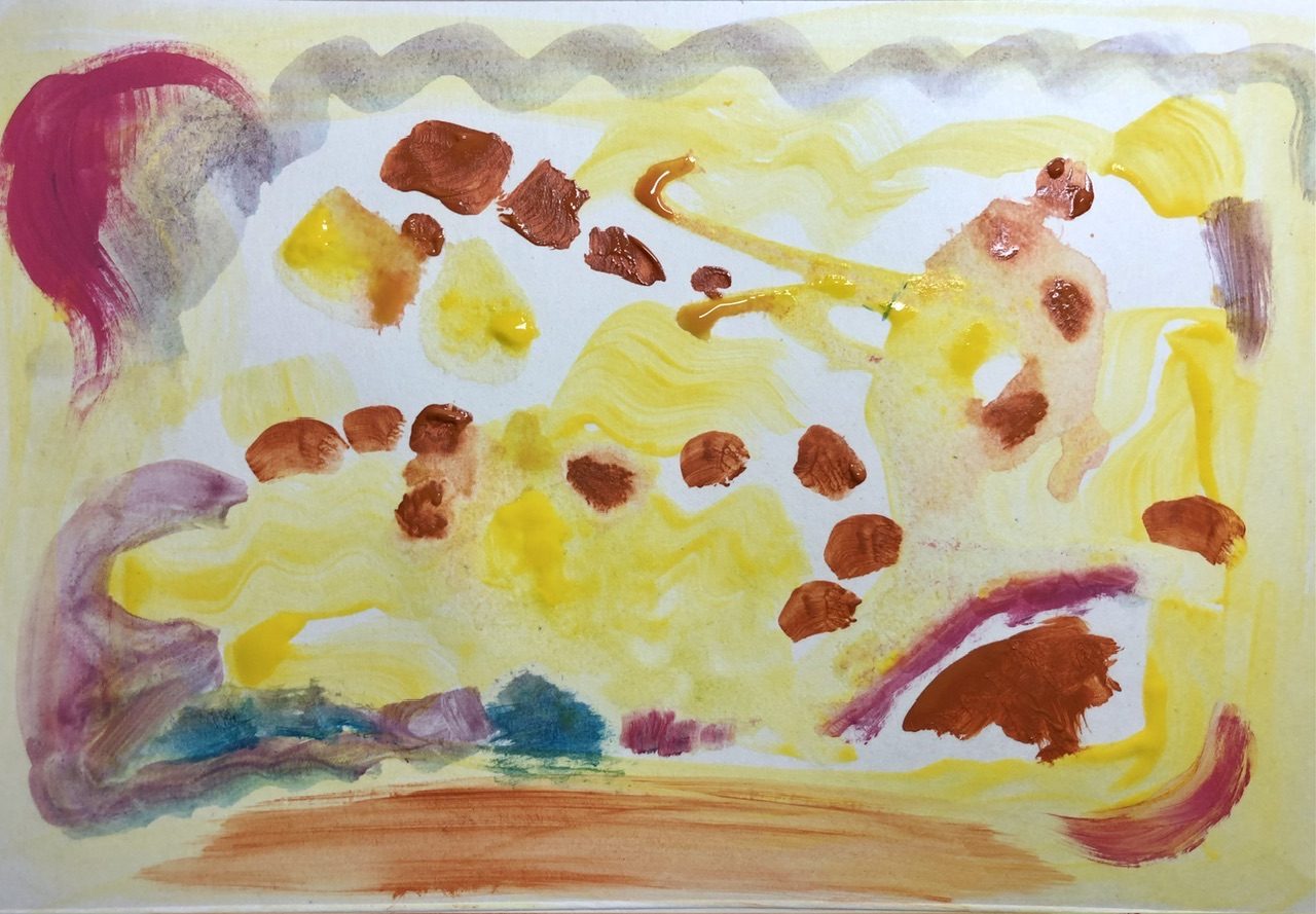 Colourful abstract painting with brown yellow and pink