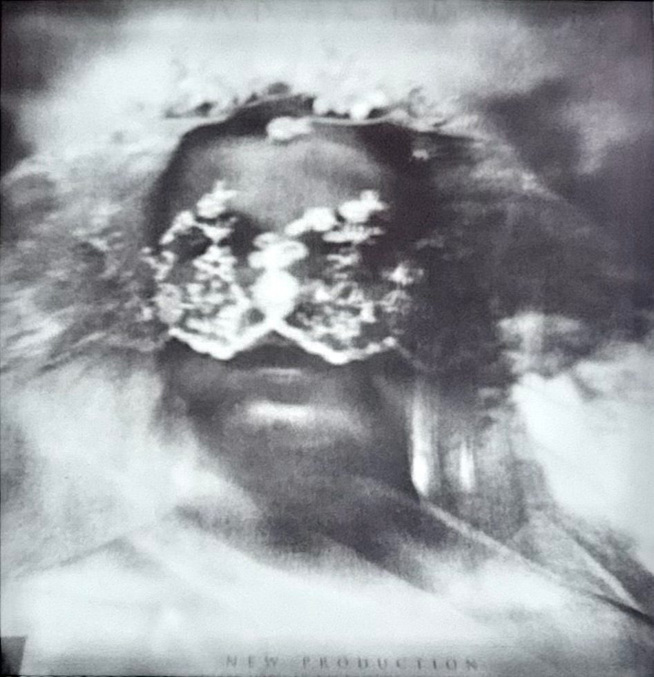 Black and white Polaroid photograph slightly abstract of lace masked woman’s head and partially visible text