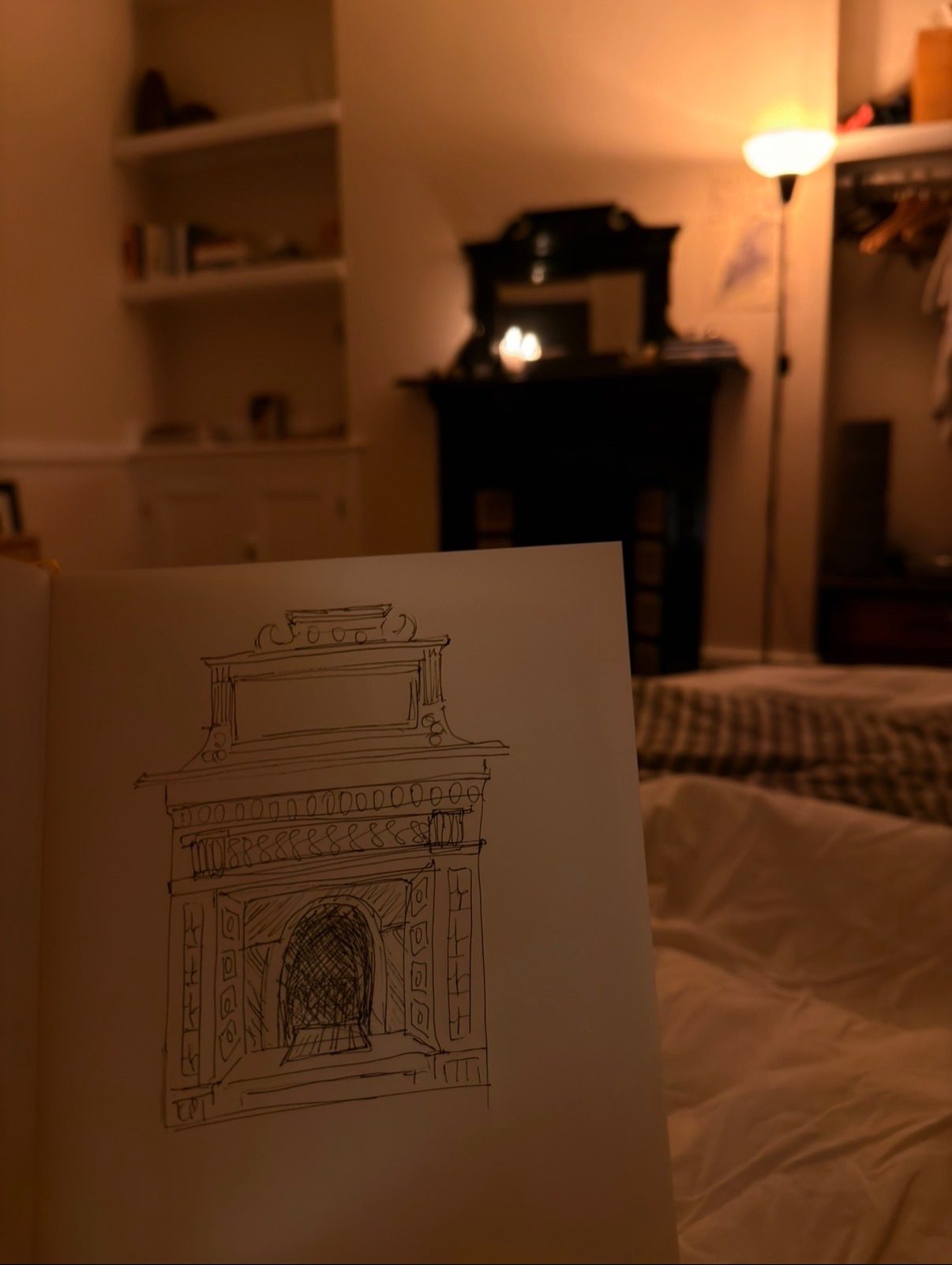 A wonky sketch of a fireplace