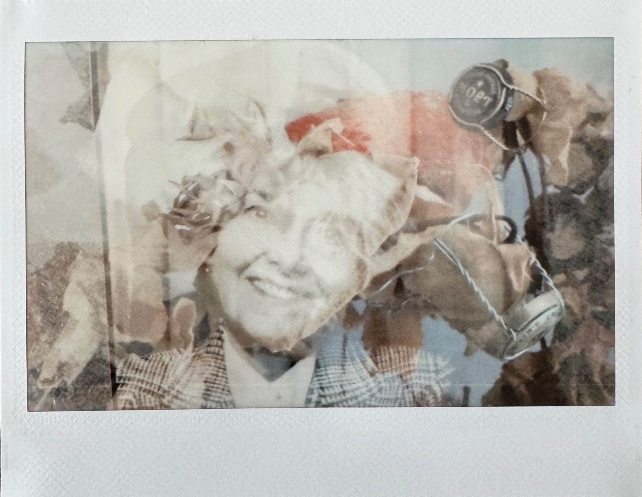 A colour layered instant film photo with image of a woman overlayed by dead flowers and other still life memorabilia