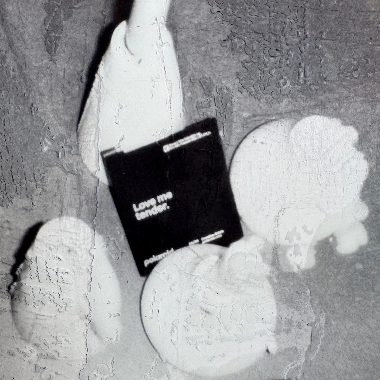 A black and white abstract photograph of dripping candles and the text on black reading love me tender