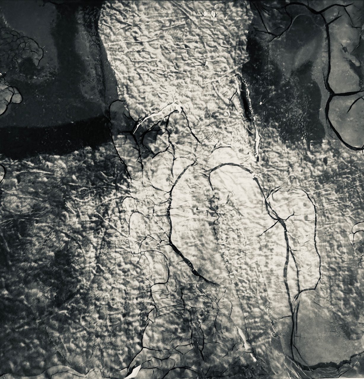 A black and white abstract textured Polaroid image