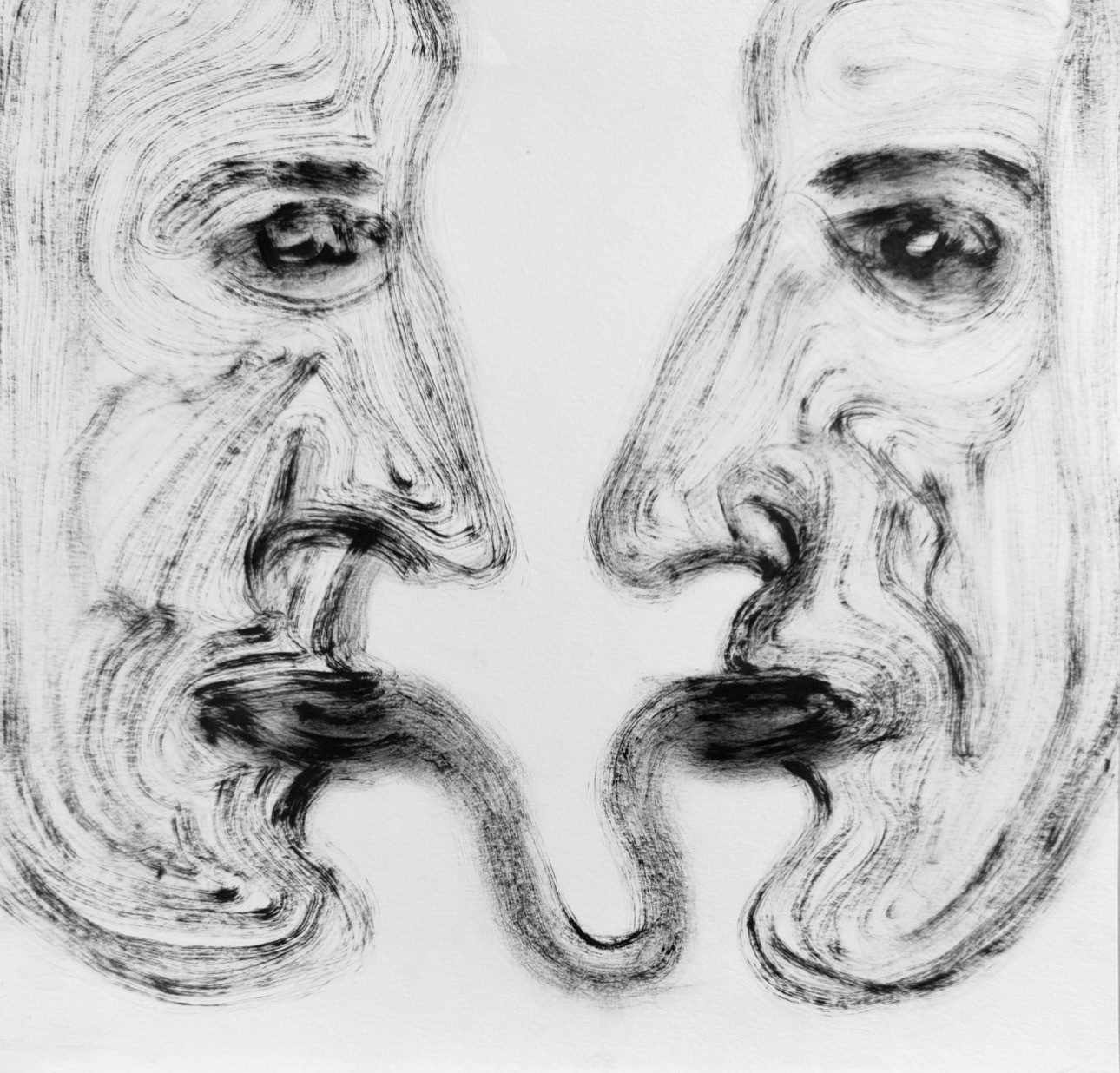 A face confronts itself in another, recognition arriving not as clarity but as a tremor along the shared line between them.